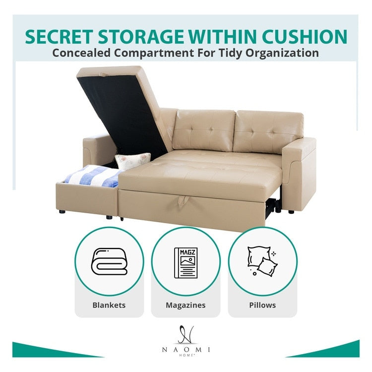 Canapé d'angle réversible avec lit escamotable, chaise longue avec rangement intégré, pieds robustes,