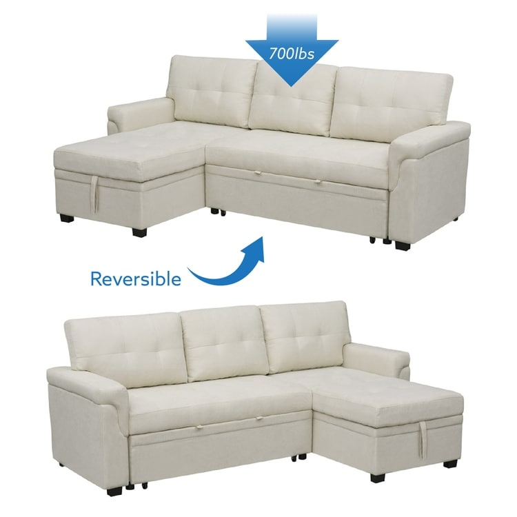 Canapé d'angle réversible avec lit escamotable, chaise longue avec rangement intégré, pieds robustes,