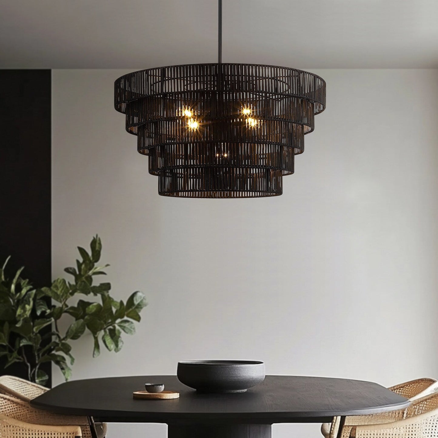Piersan Lustre moderne bohème à 5 lumières avec abat-jour en rotin à plusieurs niveaux - 66 cm de largeur