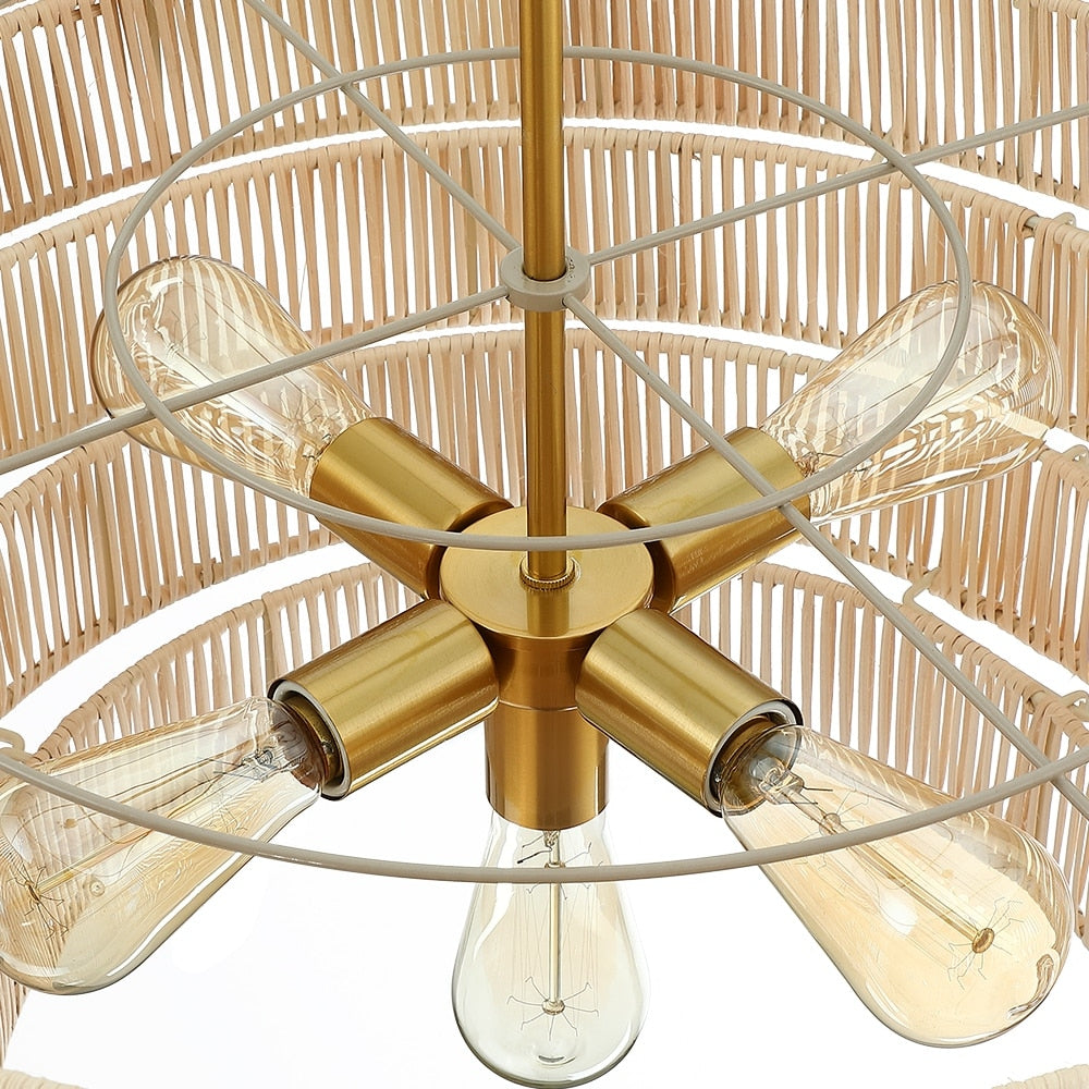 Piersan Lustre moderne bohème à 5 lumières avec abat-jour en rotin à plusieurs niveaux - 66 cm de largeur