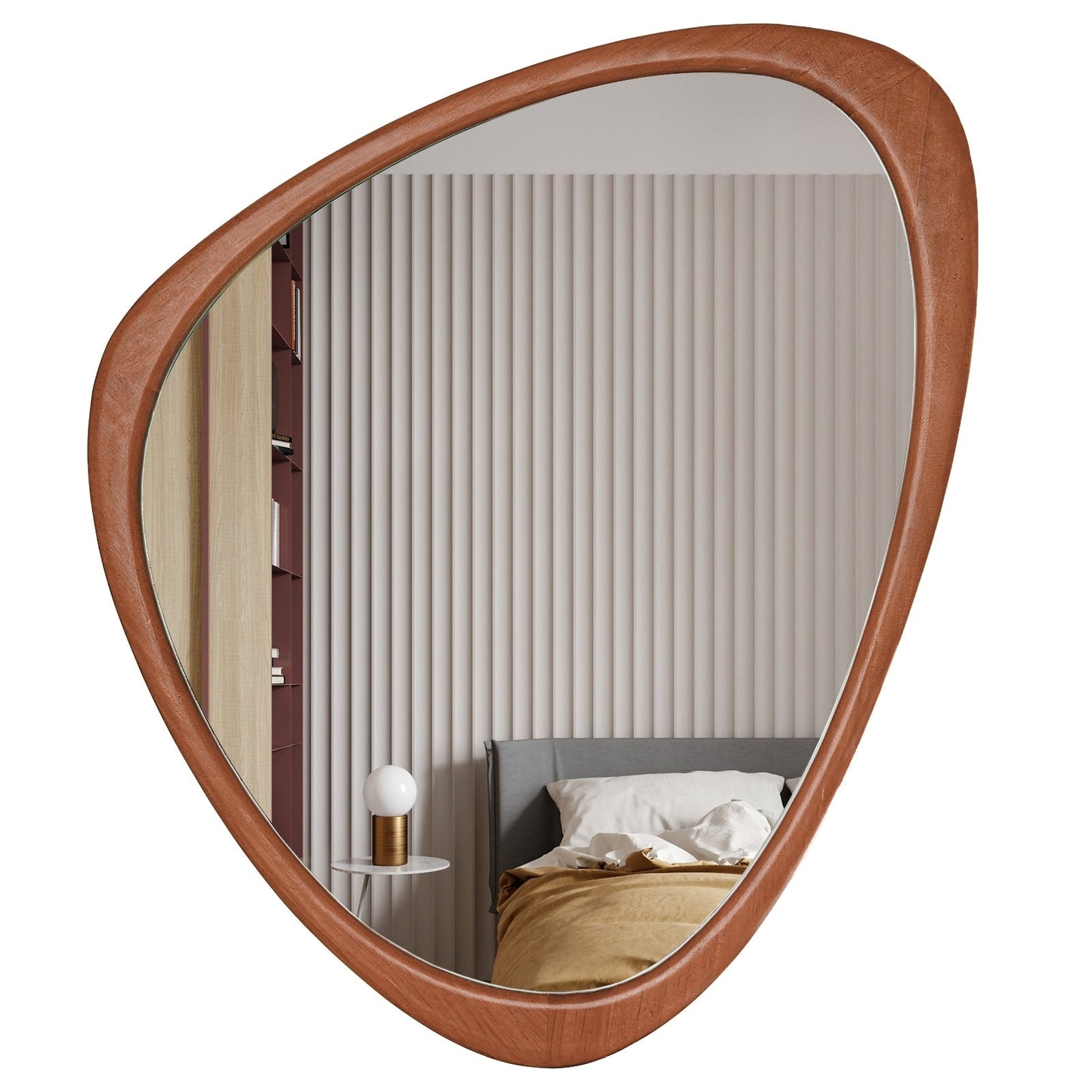 Miroir mural asymétrique en forme de galet avec cadre en pin.