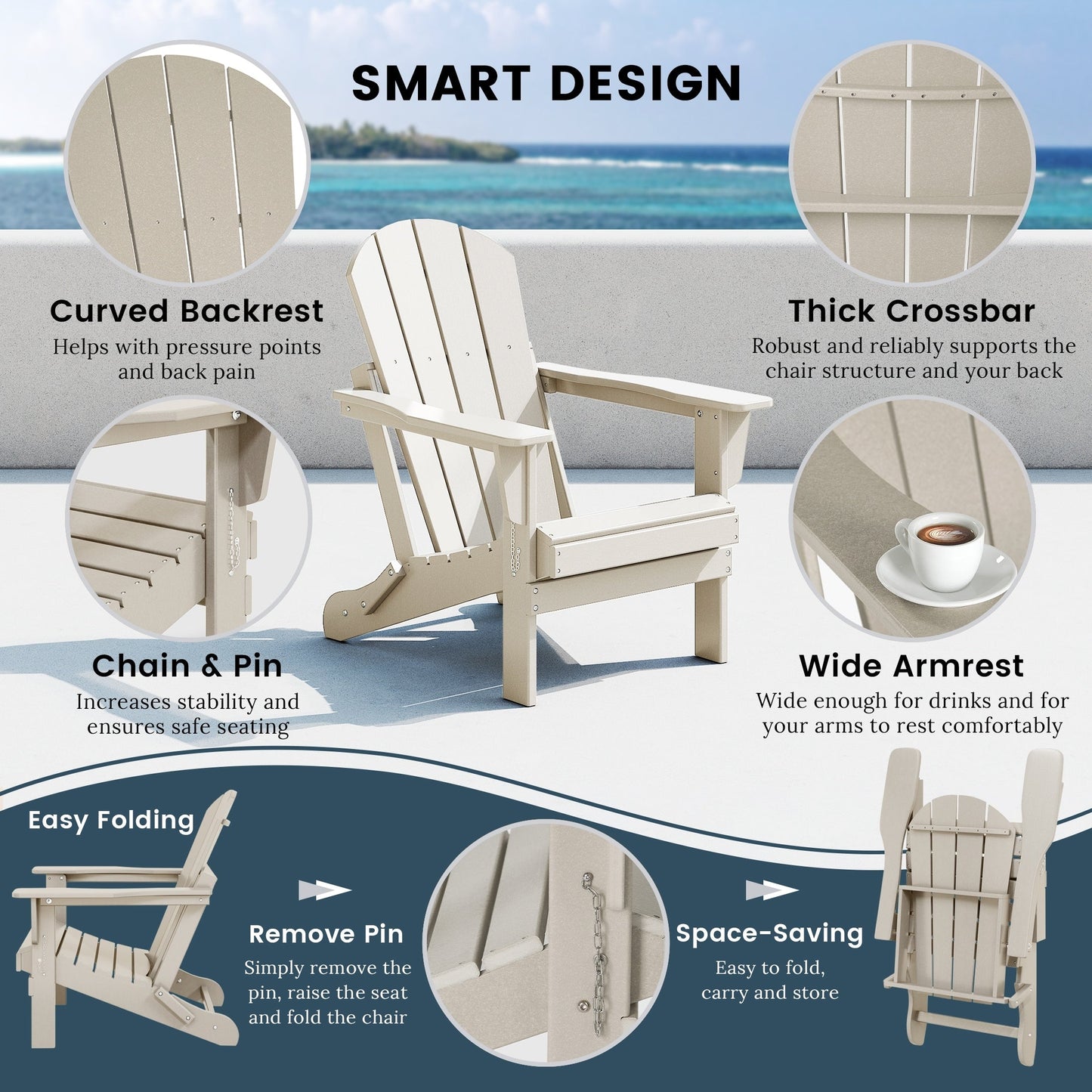 Chaise de jardin Adirondack pliable, résistante à la décoloration et aux intempéries, modèle Laguna de Polytrends