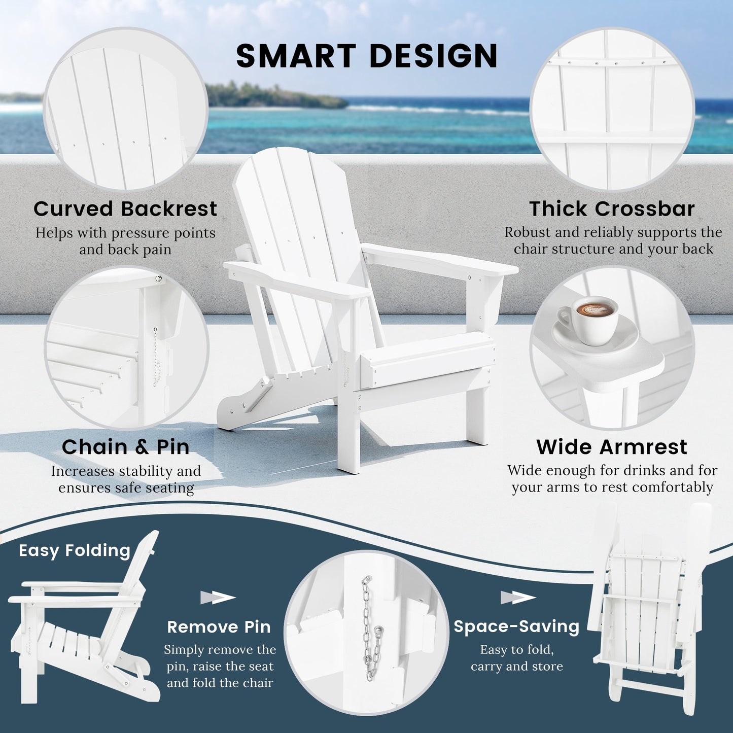 Chaise de jardin Adirondack pliable, résistante à la décoloration et aux intempéries, modèle Laguna de Polytrends