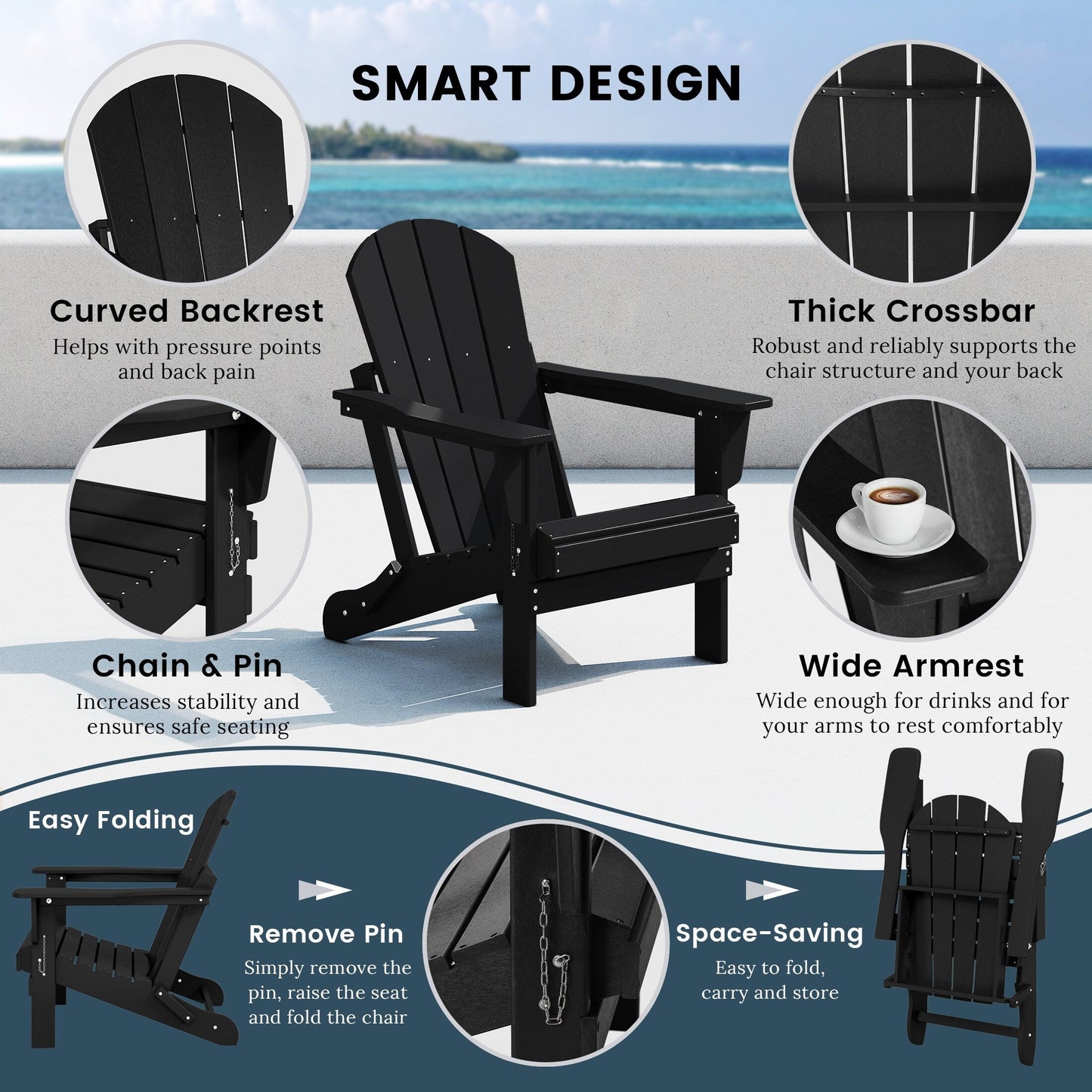 Chaises de jardin pliantes Adirondack Polytrends Laguna résistantes aux intempéries (lot de 4)
