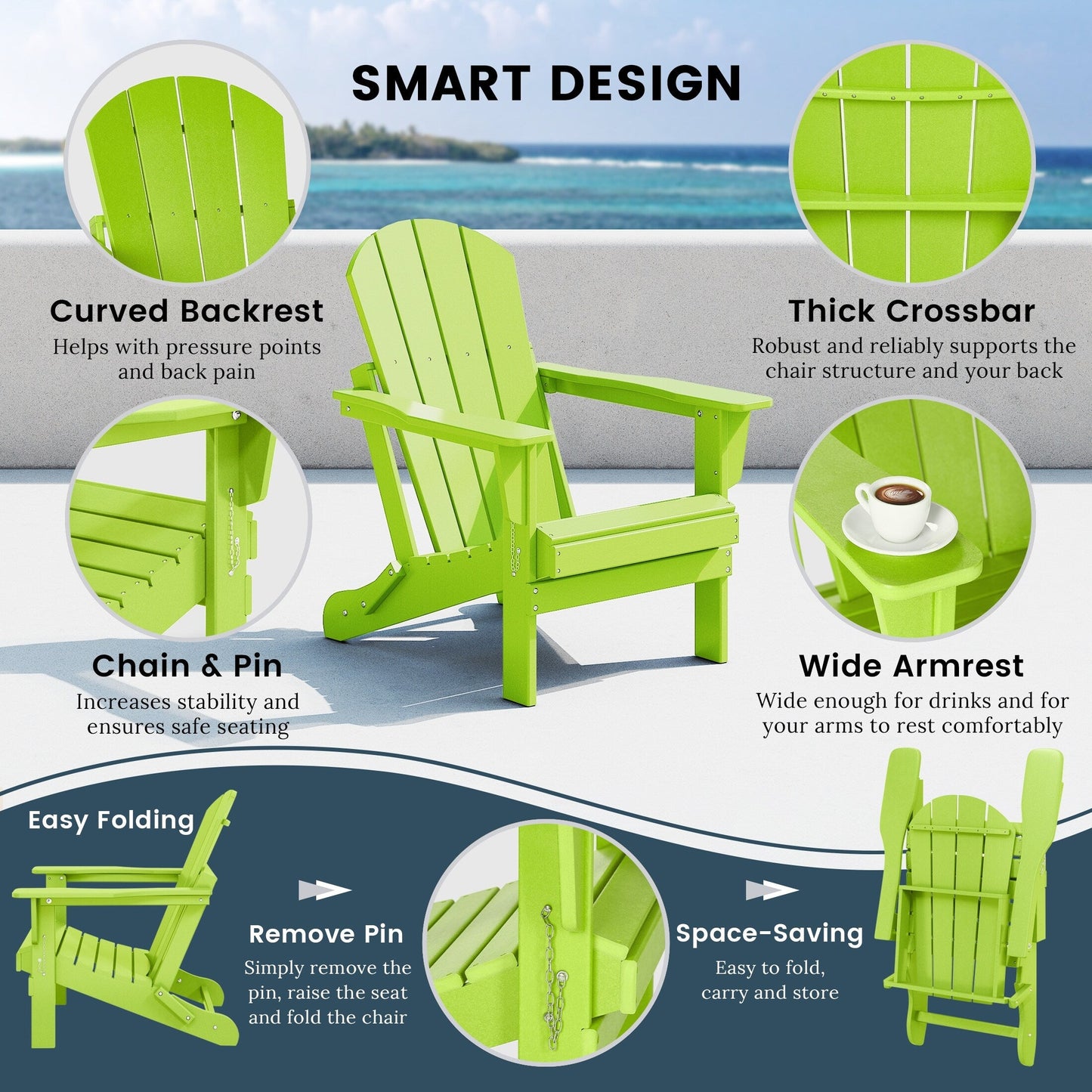 Chaises de jardin pliantes Adirondack Polytrends Laguna résistantes aux intempéries (lot de 4)