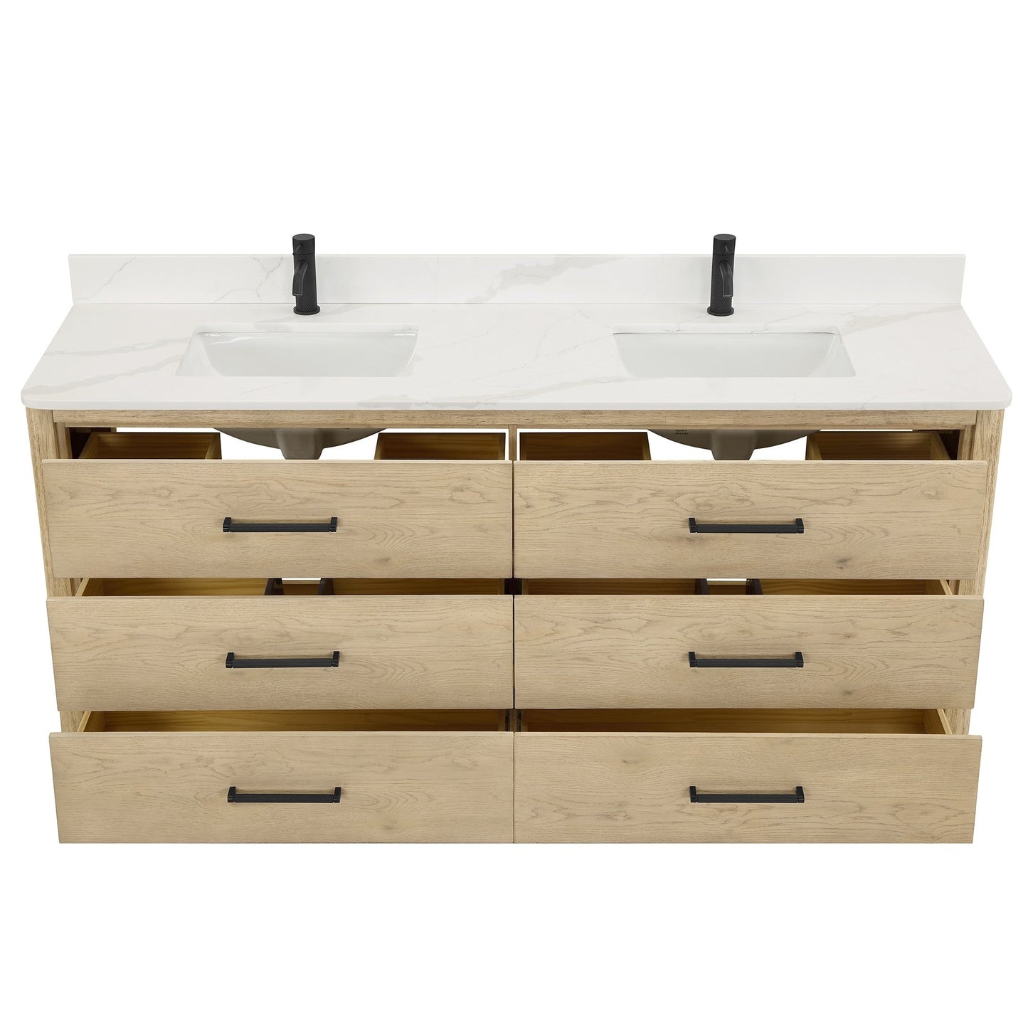 Meuble-lavabo Porto avec plan de toilette en pierre de quartz blanche, sans miroir.