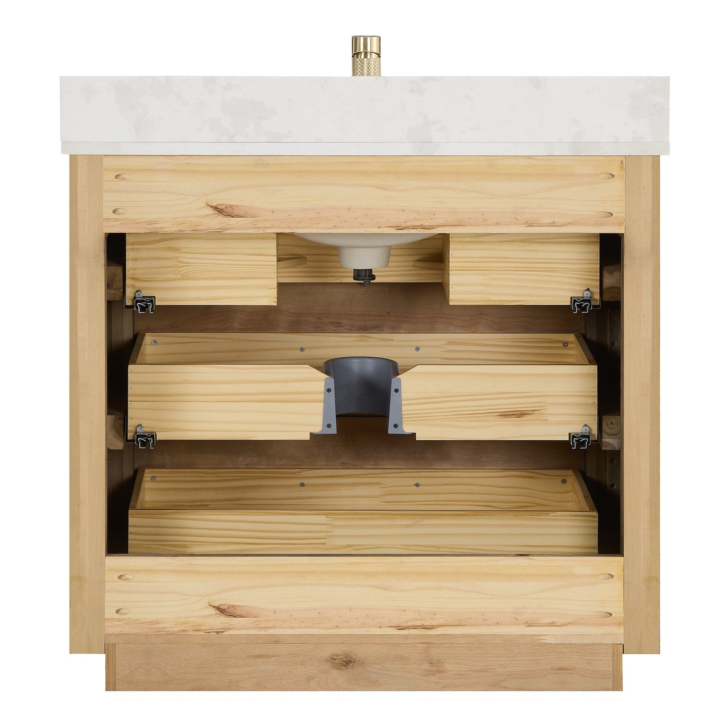 Meuble-lavabo Porto avec plan de toilette en pierre de quartz blanche, sans miroir.
