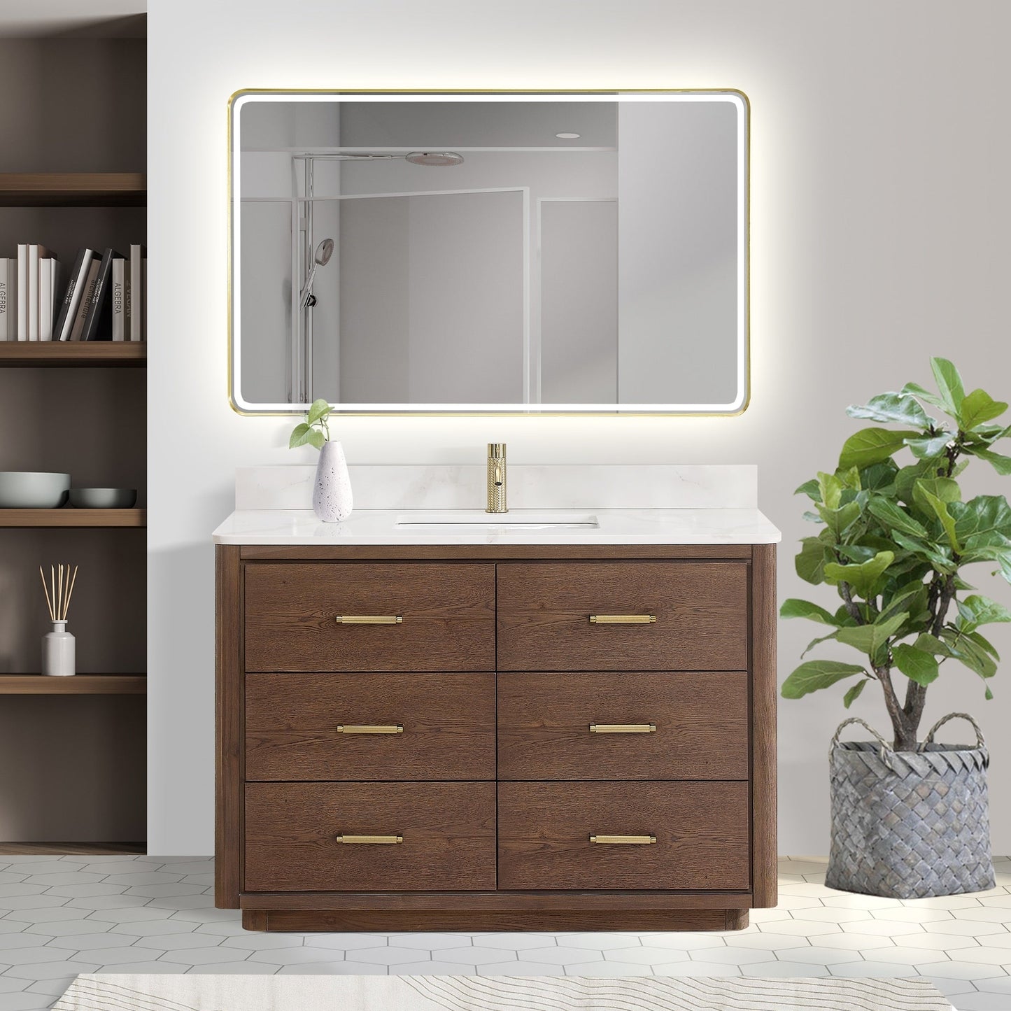 Meuble-lavabo Porto avec plan de toilette en pierre de quartz blanche, sans miroir.