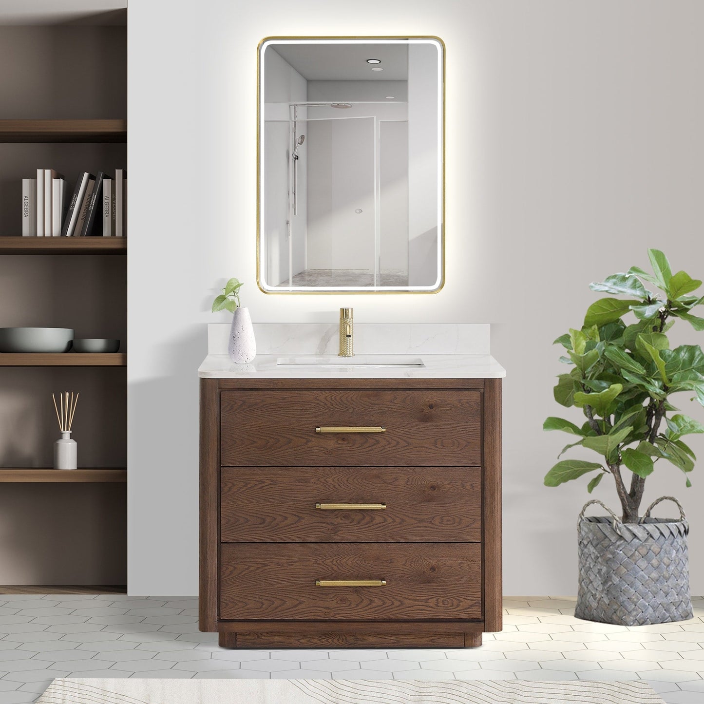 Meuble-lavabo Porto avec plan de toilette en pierre de quartz blanche, sans miroir.
