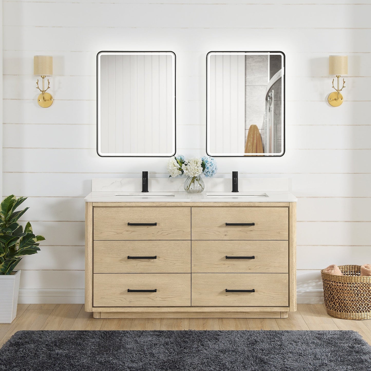 Meuble-lavabo Porto avec plan de toilette en pierre de quartz blanche, sans miroir.