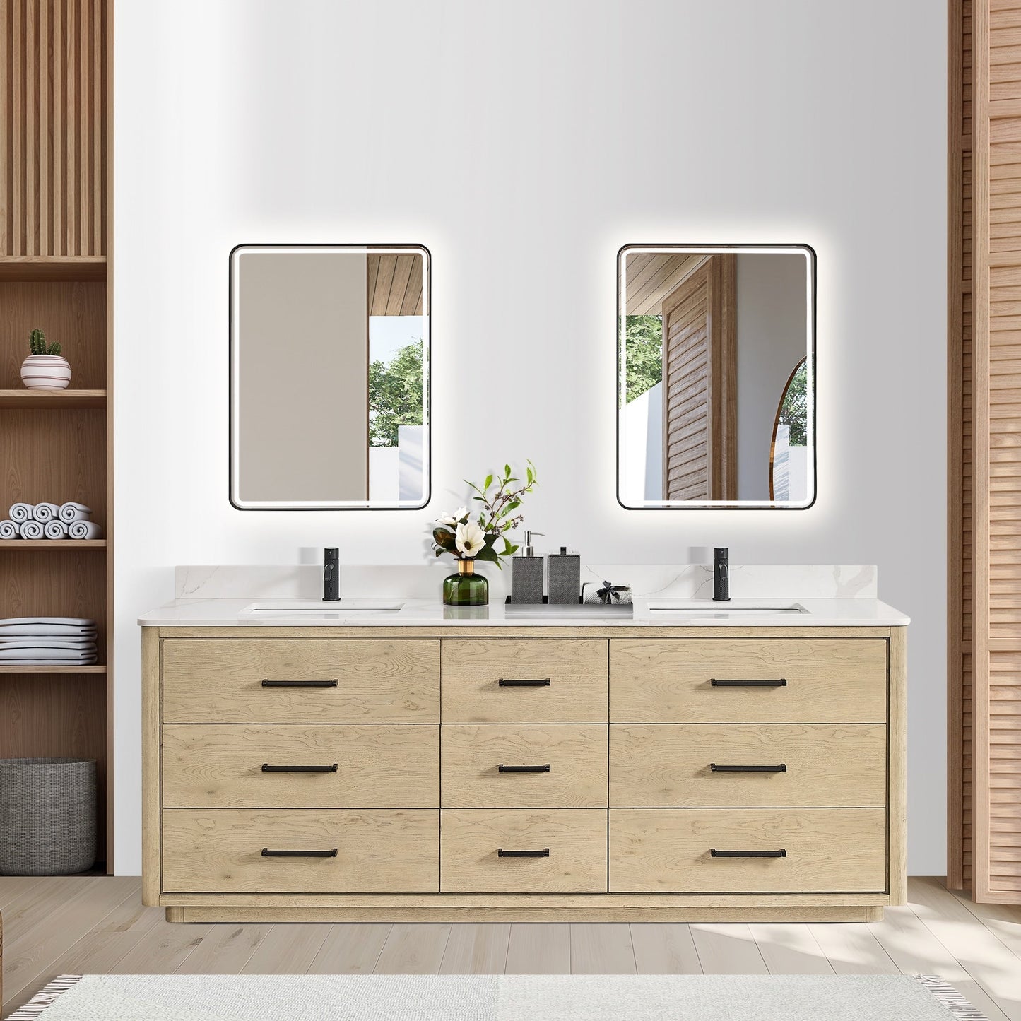 Meuble-lavabo Porto avec plan de toilette en pierre de quartz blanche, sans miroir.