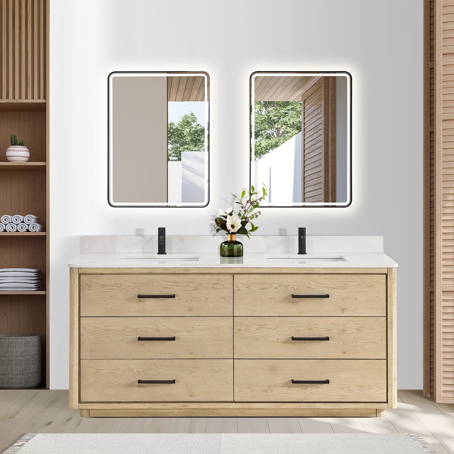 Meuble-lavabo Porto avec plan de toilette en pierre de quartz blanche, sans miroir.