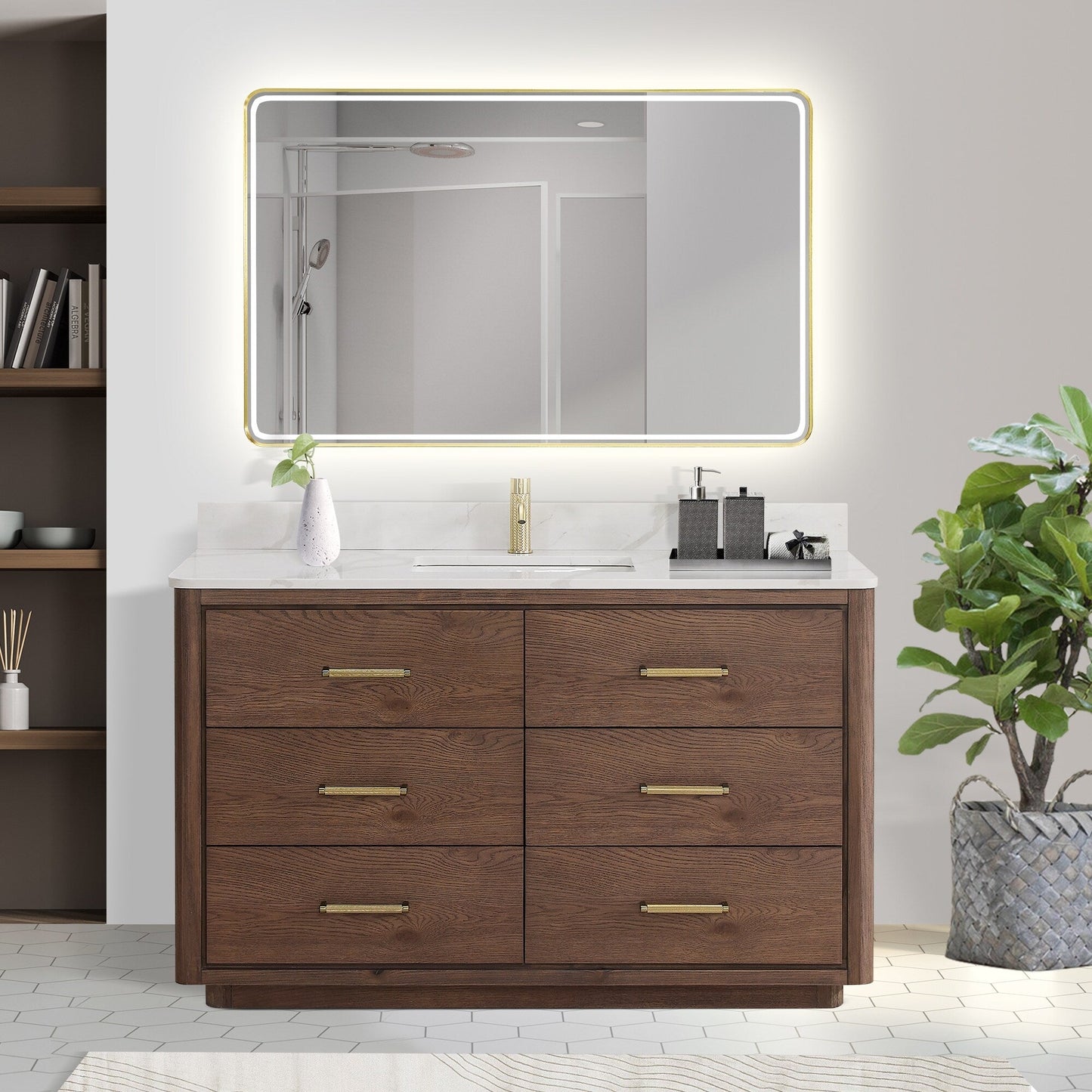 Meuble-lavabo Porto avec plan de toilette en pierre de quartz blanche, sans miroir.