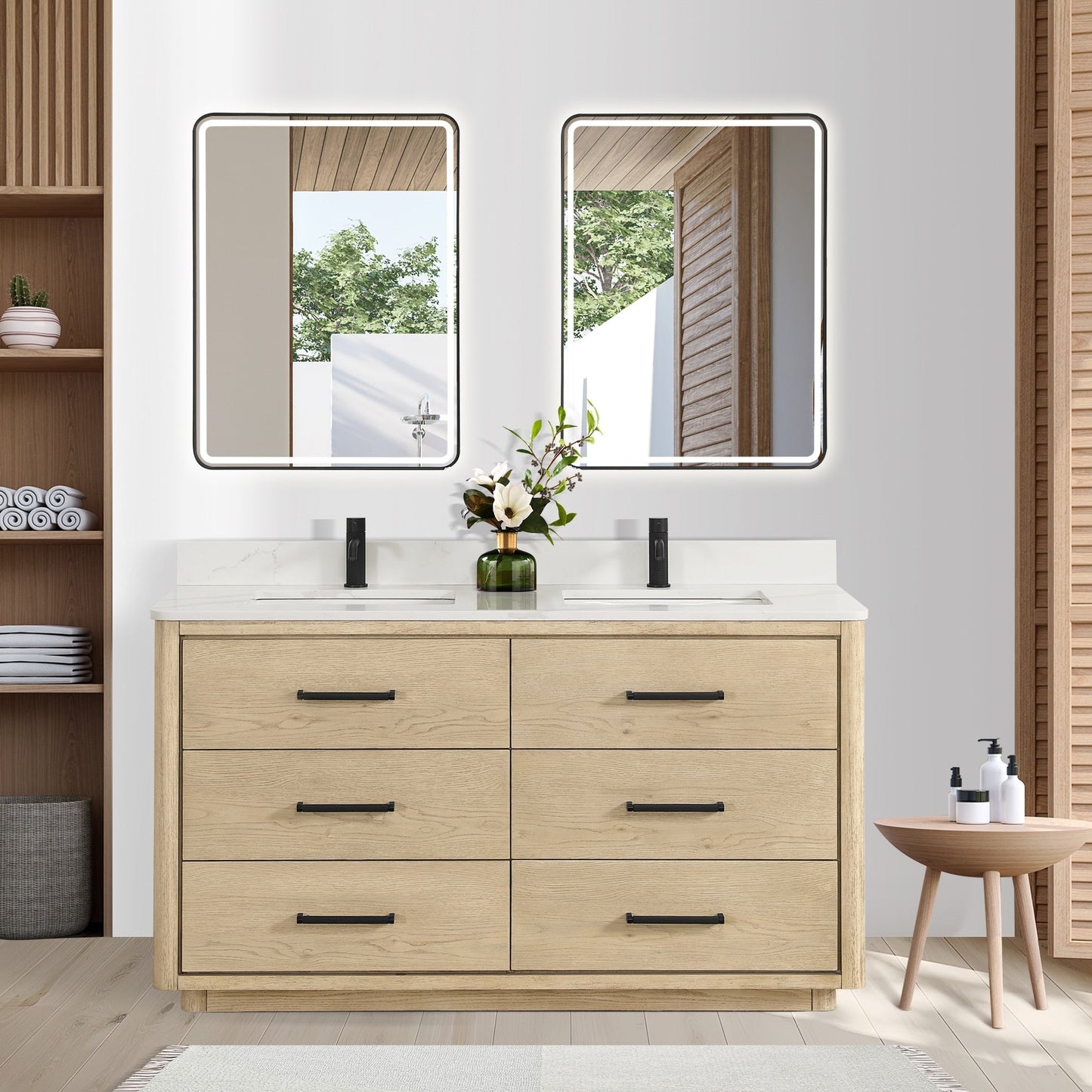 Meuble-lavabo Porto avec plan de toilette en pierre de quartz blanche, sans miroir.