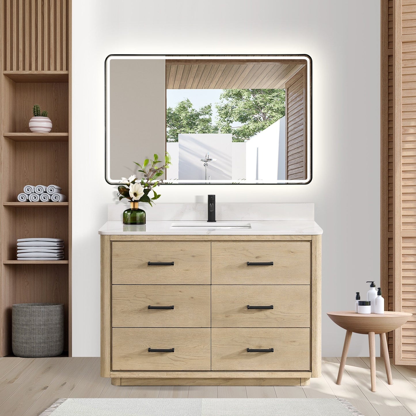 Meuble-lavabo Porto avec plan de toilette en pierre de quartz blanche, sans miroir.