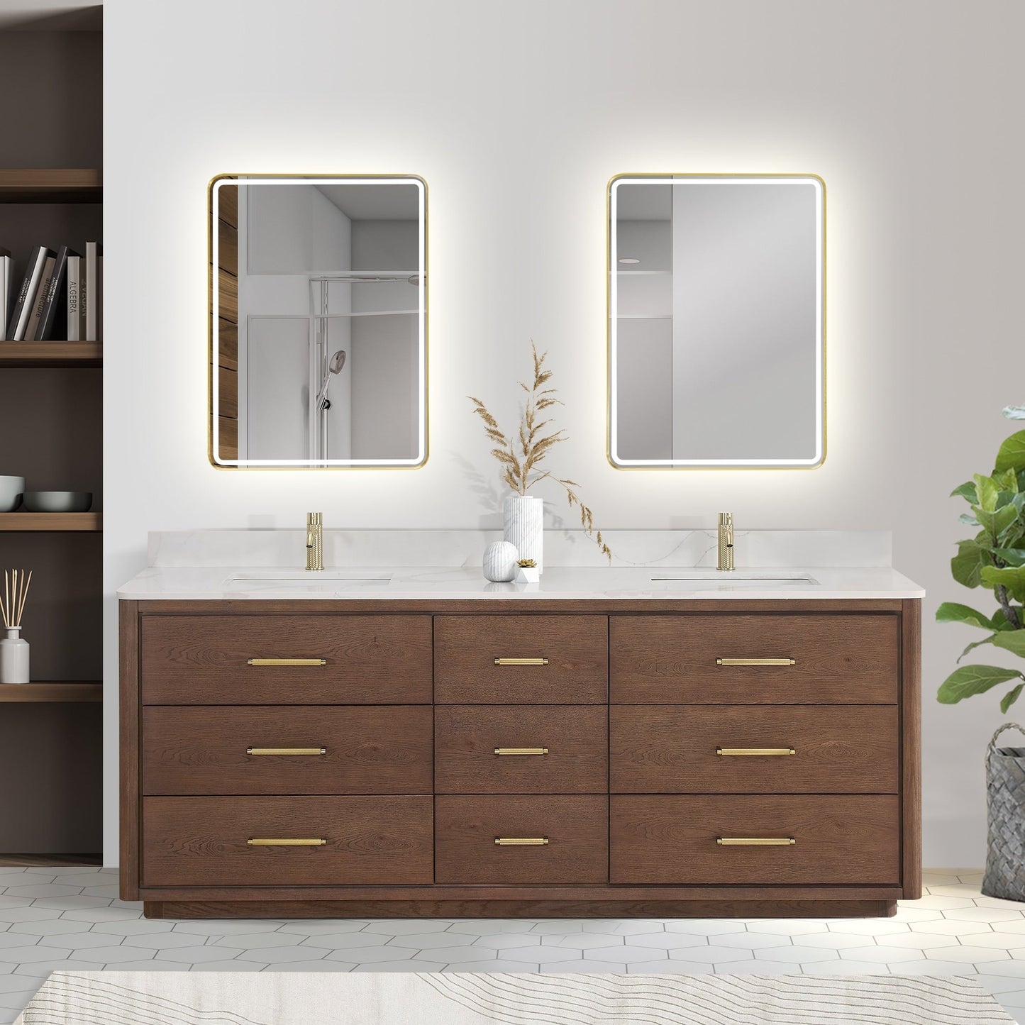 Meuble-lavabo Porto avec plan de toilette en pierre de quartz blanche, sans miroir.