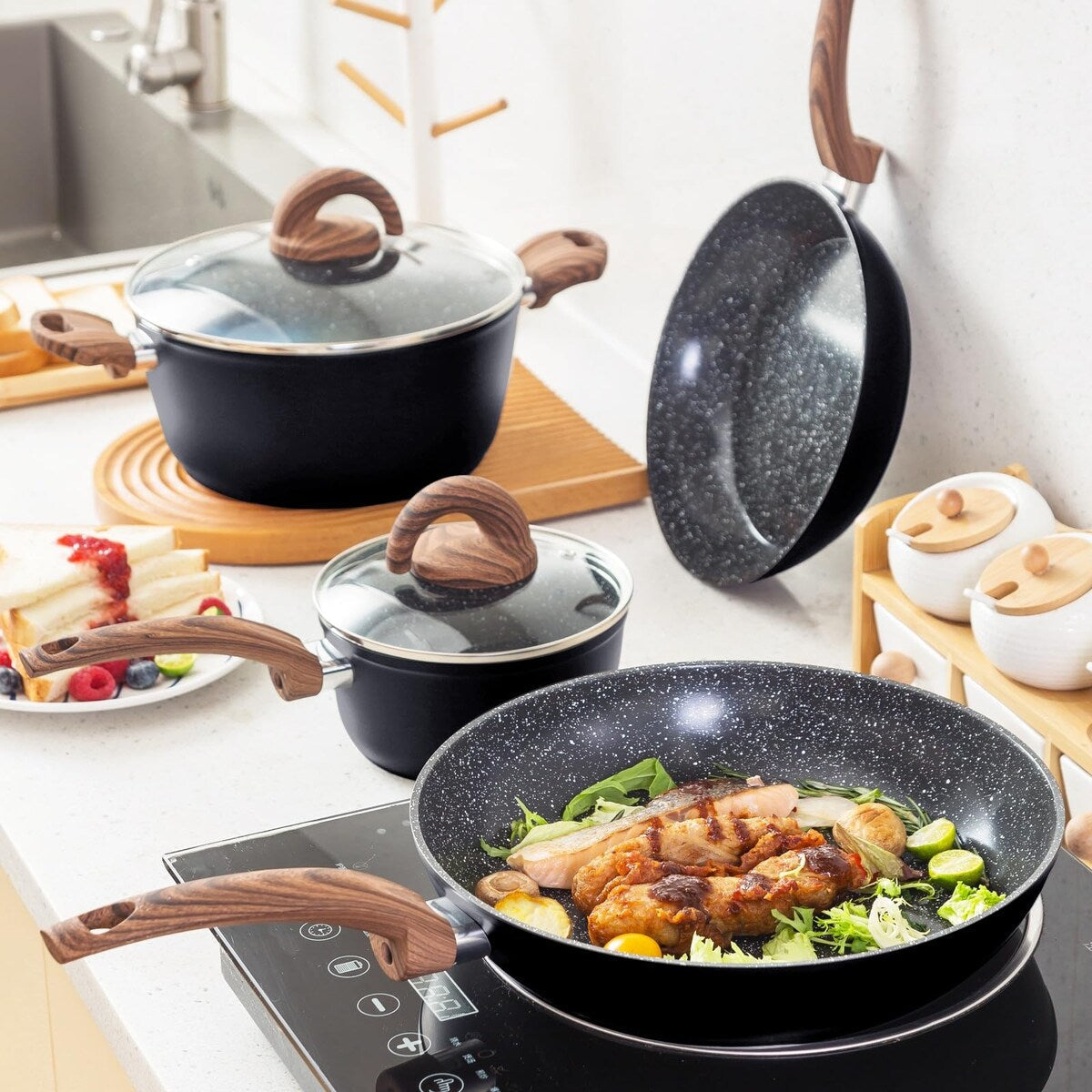 Ensemble de casseroles et poêles antiadhésives, ensemble de cuisine en céramique avec motifs, ensemble de cuisine à induction avec poêles, cocotte avec couvercles