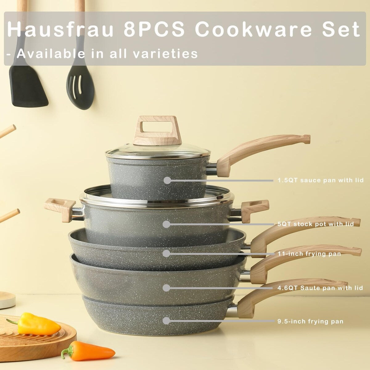 Ensemble de casseroles et poêles antiadhésives, ensemble de cuisine en céramique antiadhésif avec poêle, casserole, sauteuse et cocotte.
