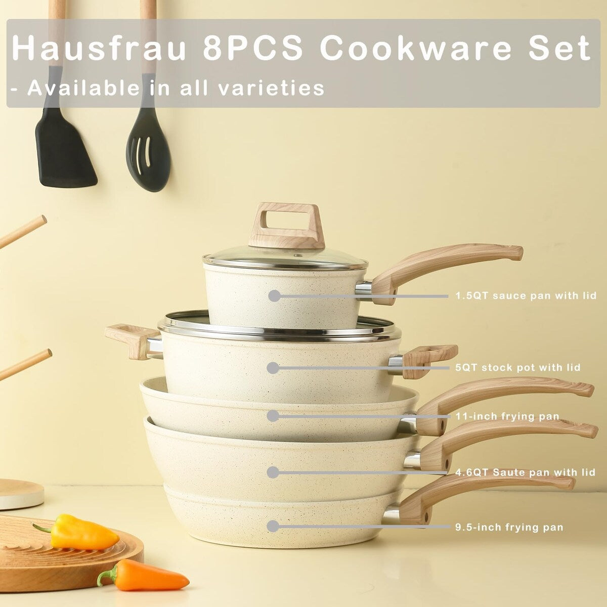 Ensemble de casseroles et poêles antiadhésives, ensemble de cuisine en céramique antiadhésif avec poêle, casserole, sauteuse et cocotte.
