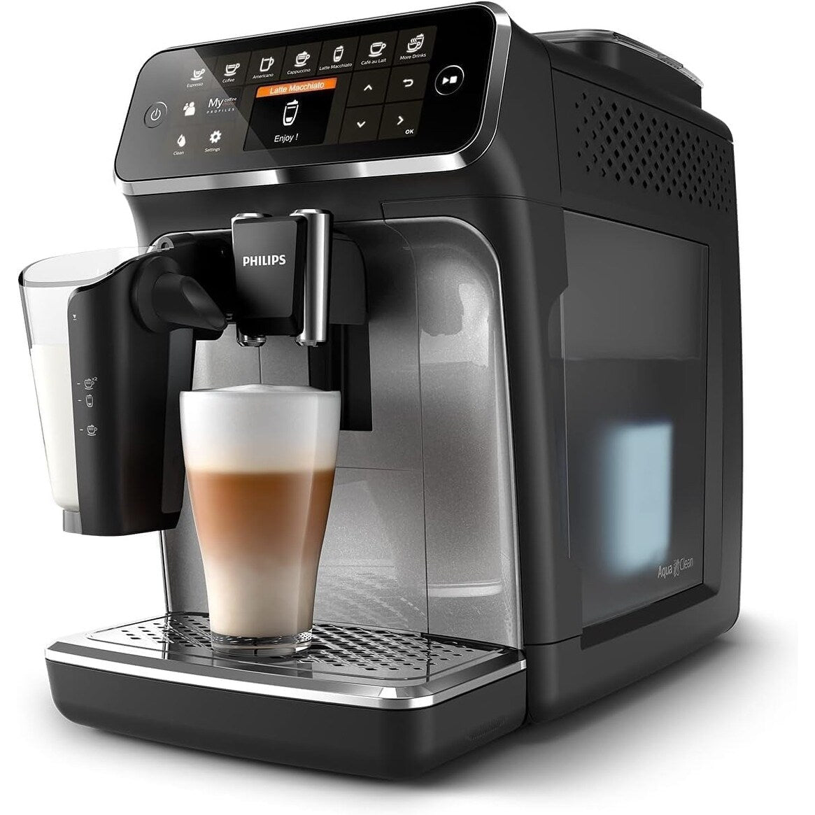 Machine à expresso haut de gamme, 12 cafés chauds/froids, système LatteGo, broyeur céramique, noir chromé