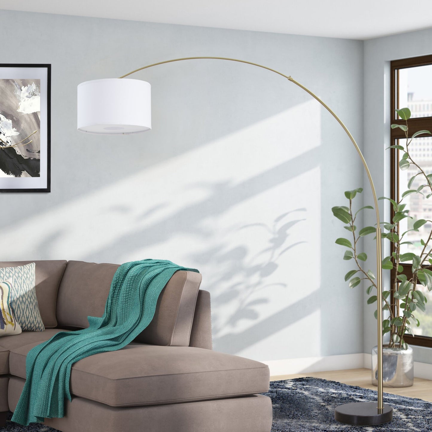 Lampe de sol à arche réglable en acier Q-Max 81 avec abat-jour extra large et socle en marbre