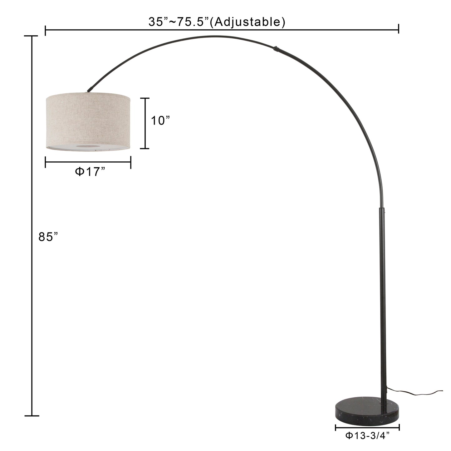 Lampe de sol à arche réglable en acier Q-Max 81 avec abat-jour extra large et socle en marbre