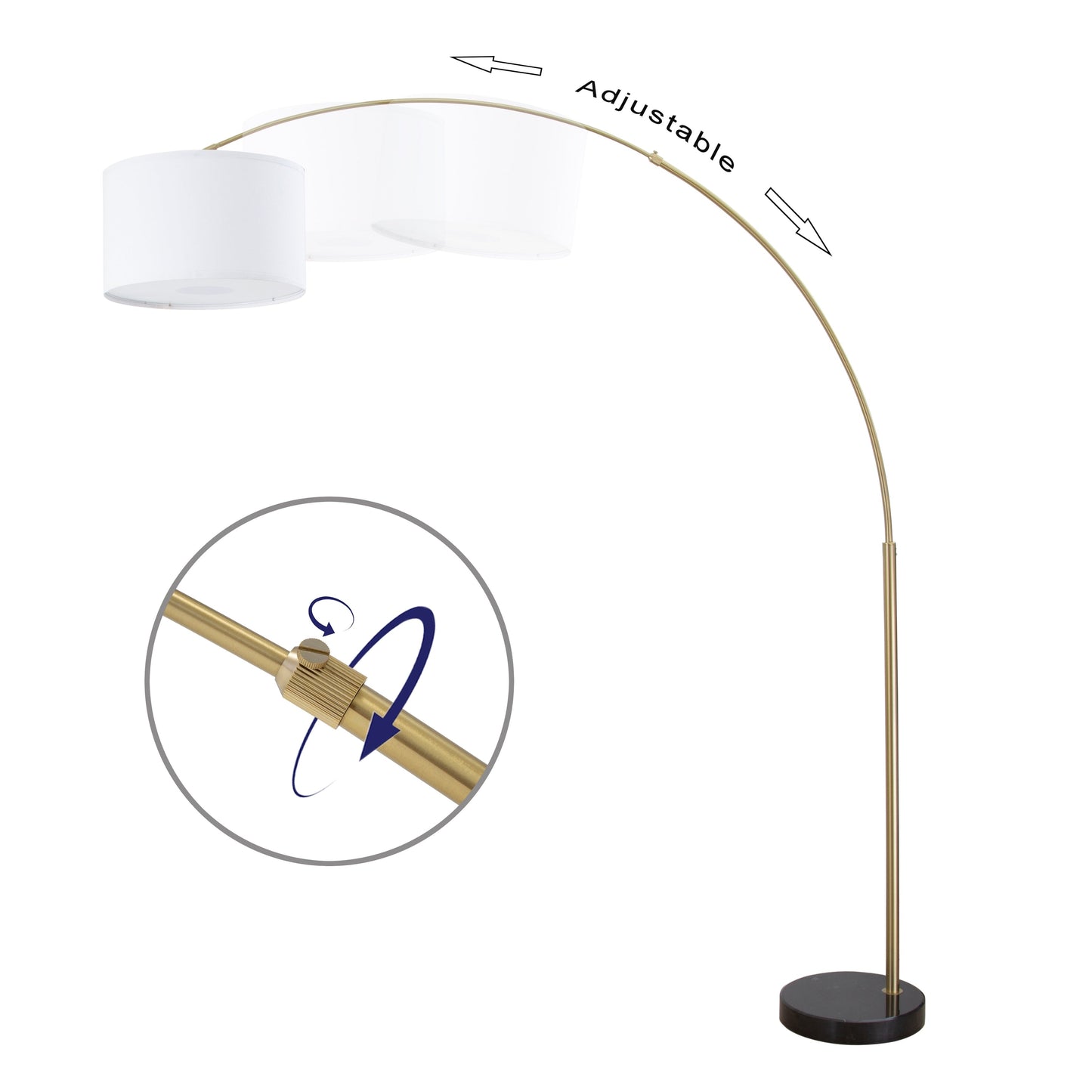 Lampe de sol à arche réglable en acier Q-Max 81 avec abat-jour extra large et socle en marbre