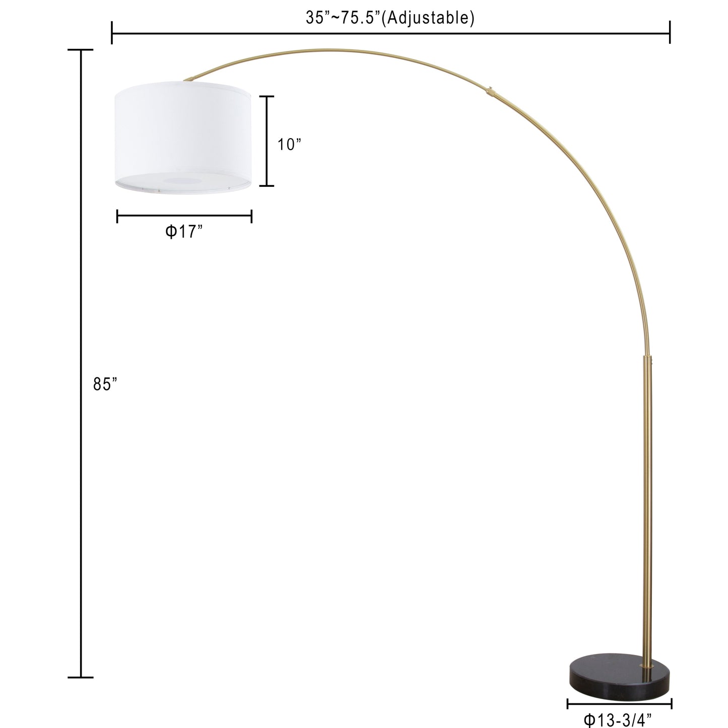 Lampe de sol à arche réglable en acier Q-Max 81 avec abat-jour extra large et socle en marbre
