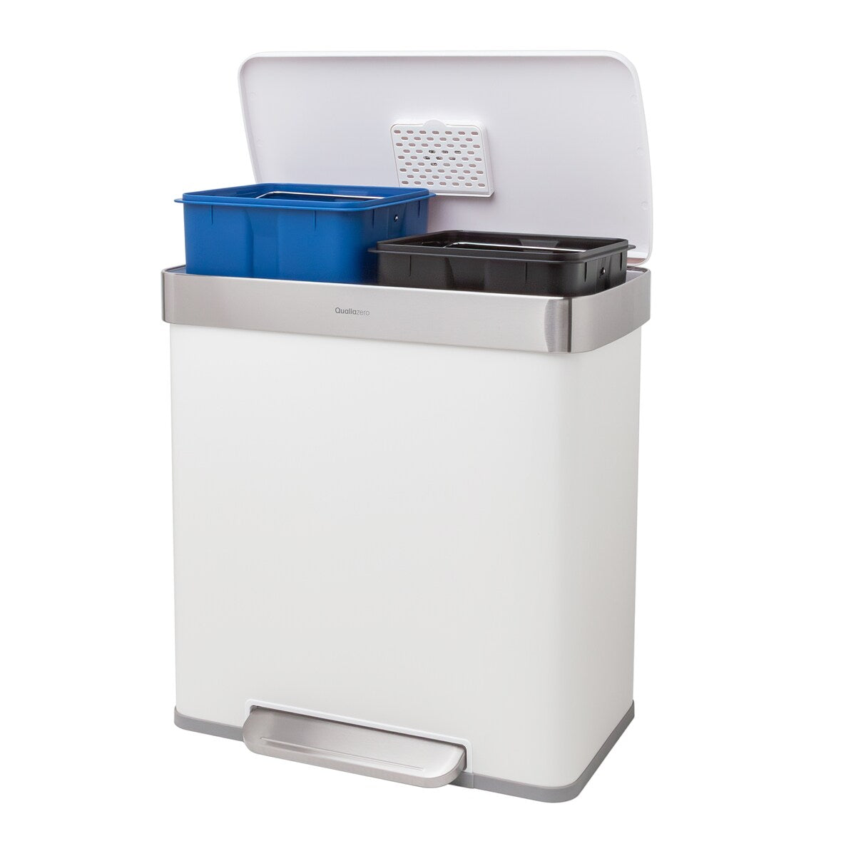 Qualiazero Poubelle de recyclage rectangulaire à ouverture par le pied, 16 gallons (8 gallons pour la partie double) - Acier inoxydable