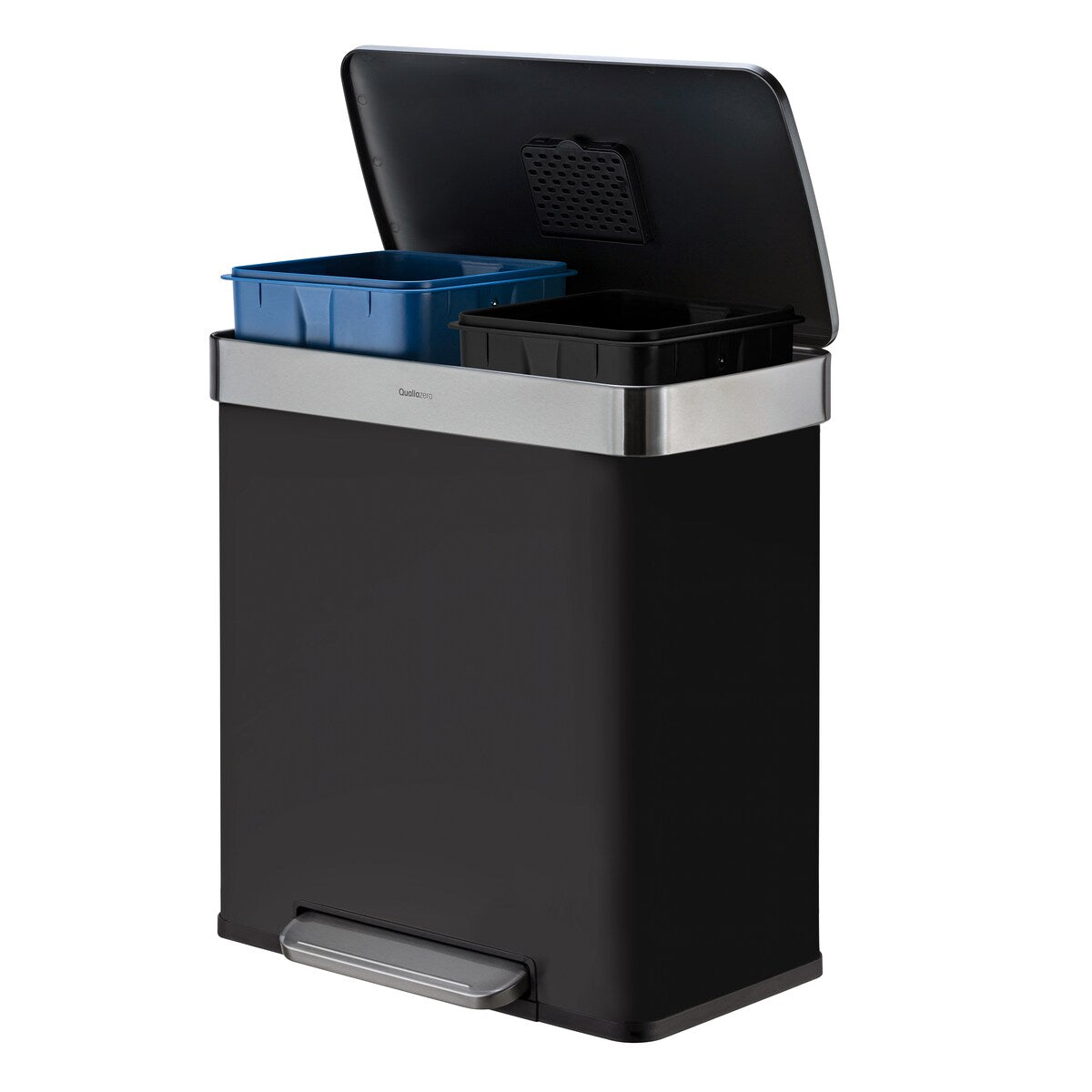 Qualiazero Poubelle de recyclage rectangulaire à ouverture par le pied, 16 gallons (8 gallons pour la partie double) - Acier inoxydable