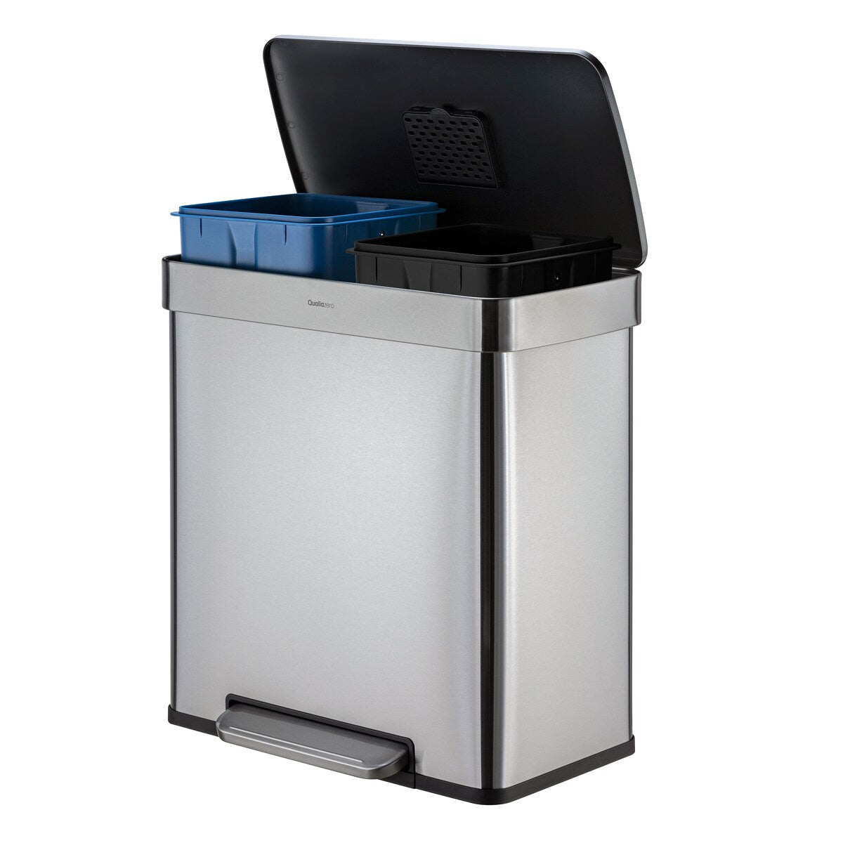 Qualiazero Poubelle de recyclage rectangulaire à ouverture par le pied, 16 gallons (8 gallons pour la partie double) - Acier inoxydable
