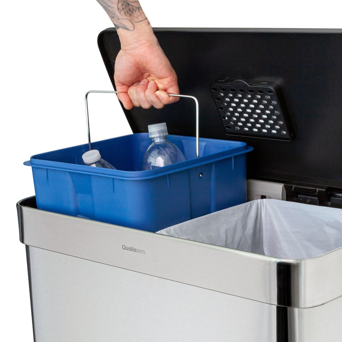 Qualiazero Poubelle de recyclage rectangulaire à ouverture par le pied, 16 gallons (8 gallons pour la partie double) - Acier inoxydable
