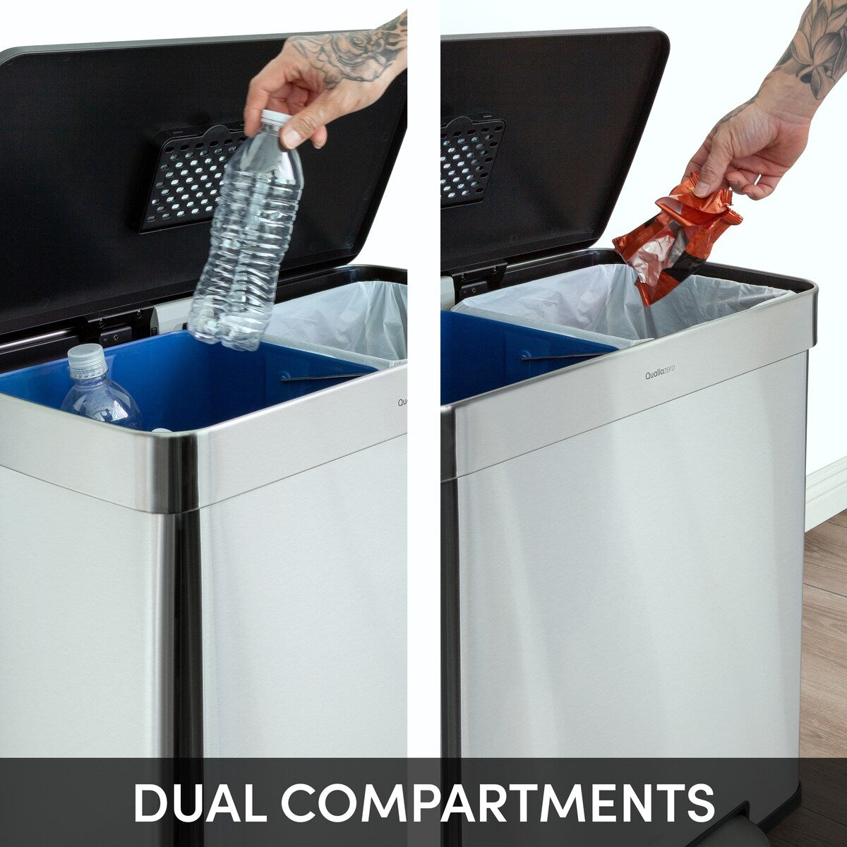 Qualiazero Poubelle de recyclage rectangulaire à ouverture par le pied, 16 gallons (8 gallons pour la partie double) - Acier inoxydable