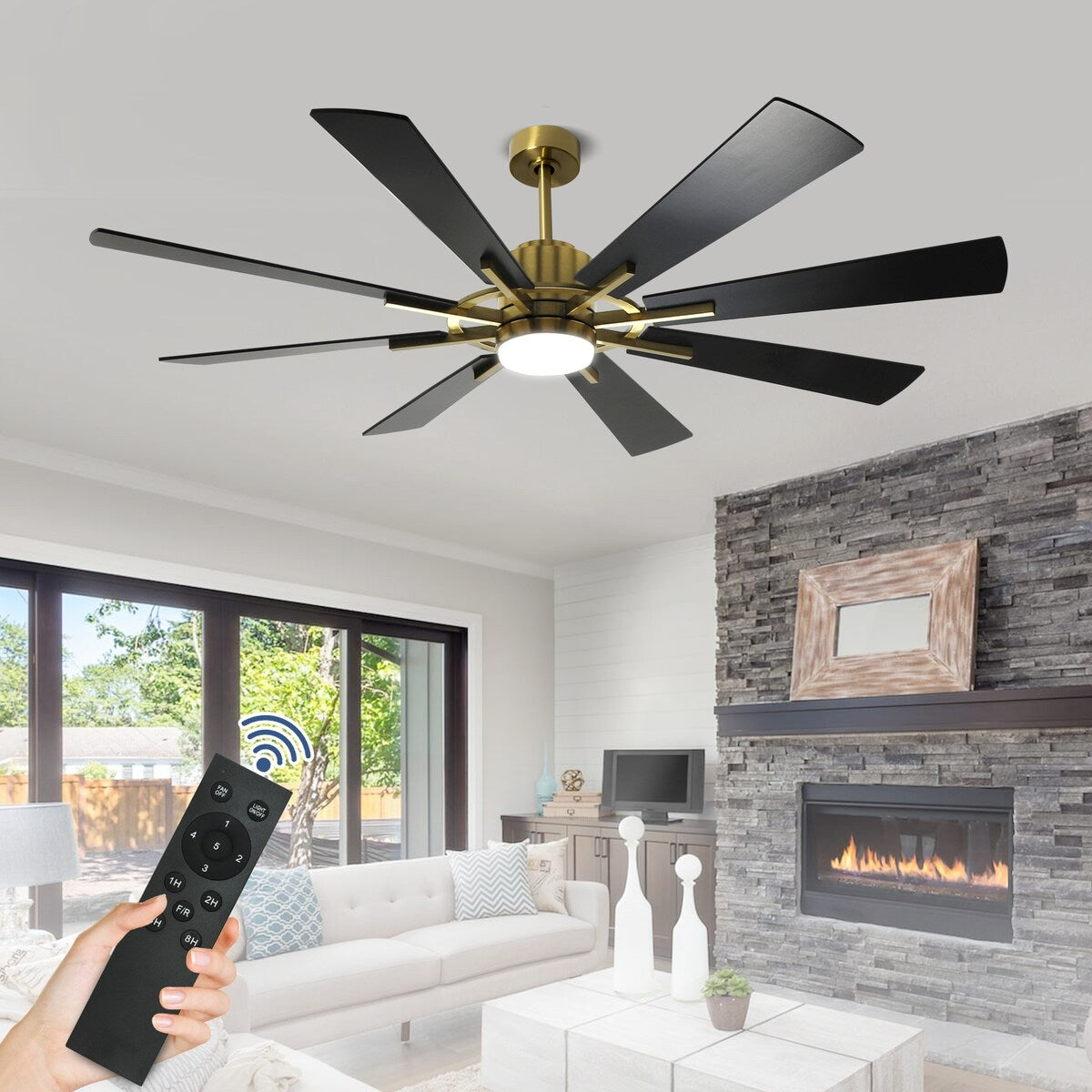 Ventilateur de plafond à télécommande avec éclairage, grandes pales en bois (8 pales)