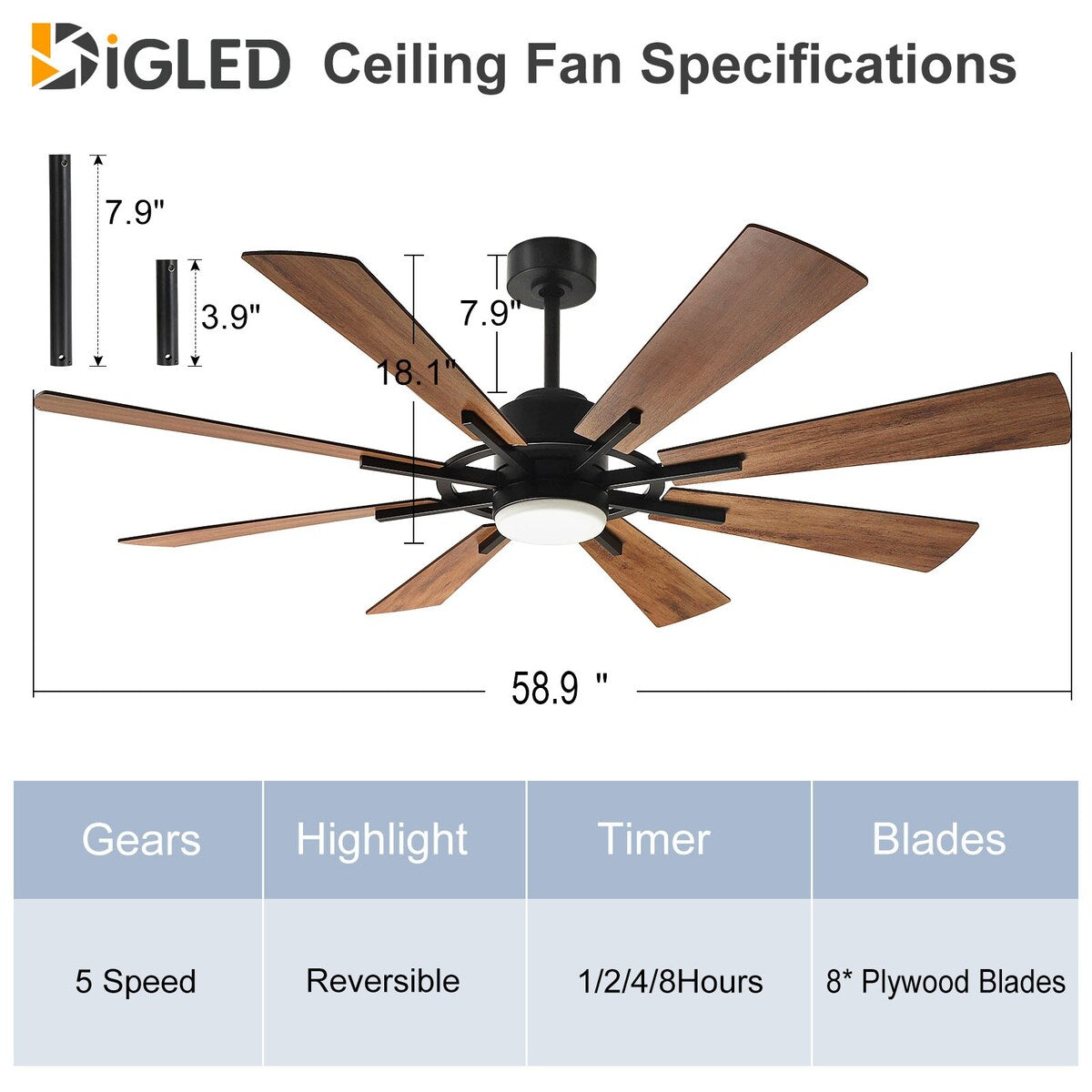 Ventilateur de plafond à télécommande avec éclairage, grandes pales en bois (8 pales)