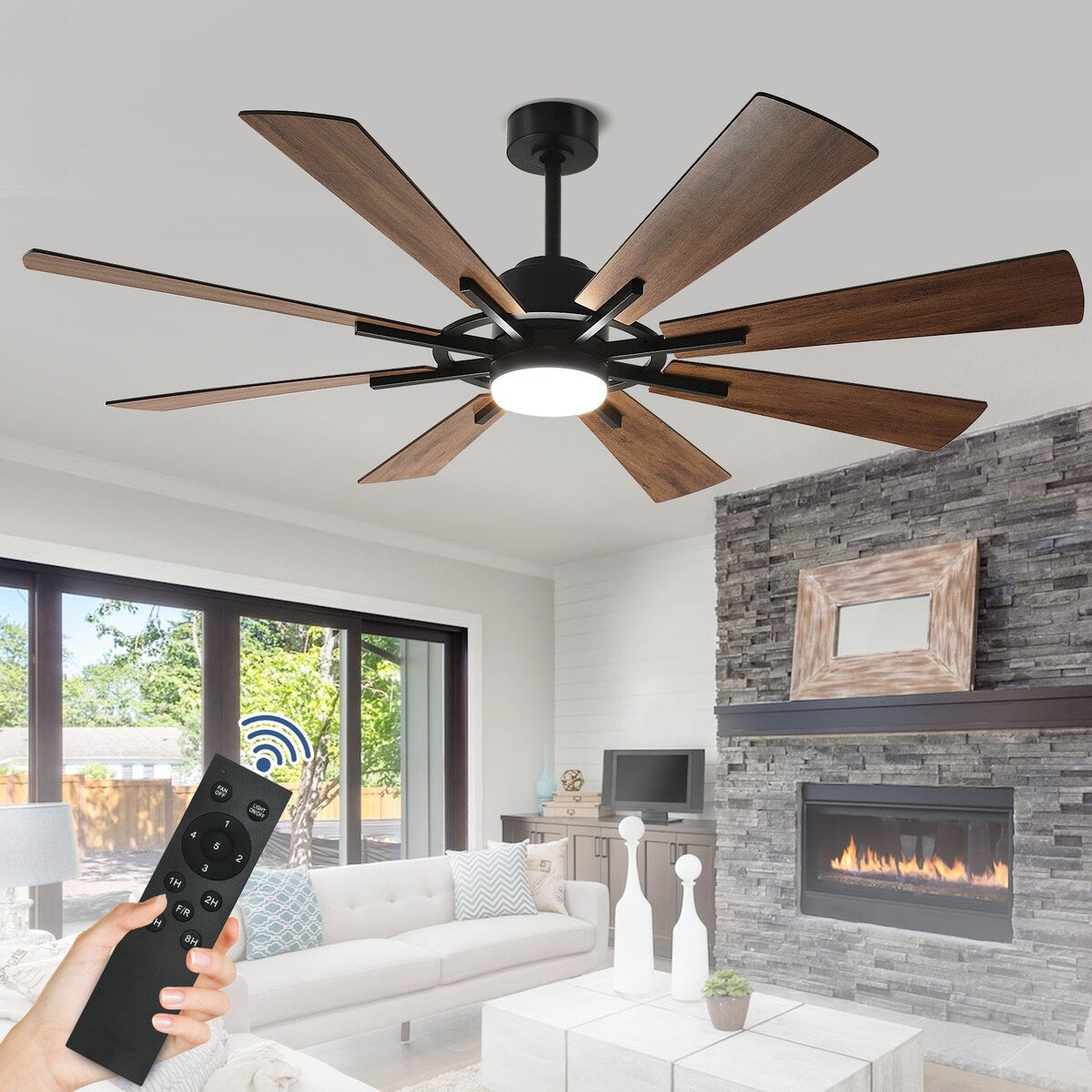 Ventilateur de plafond à télécommande avec éclairage, grandes pales en bois (8 pales)