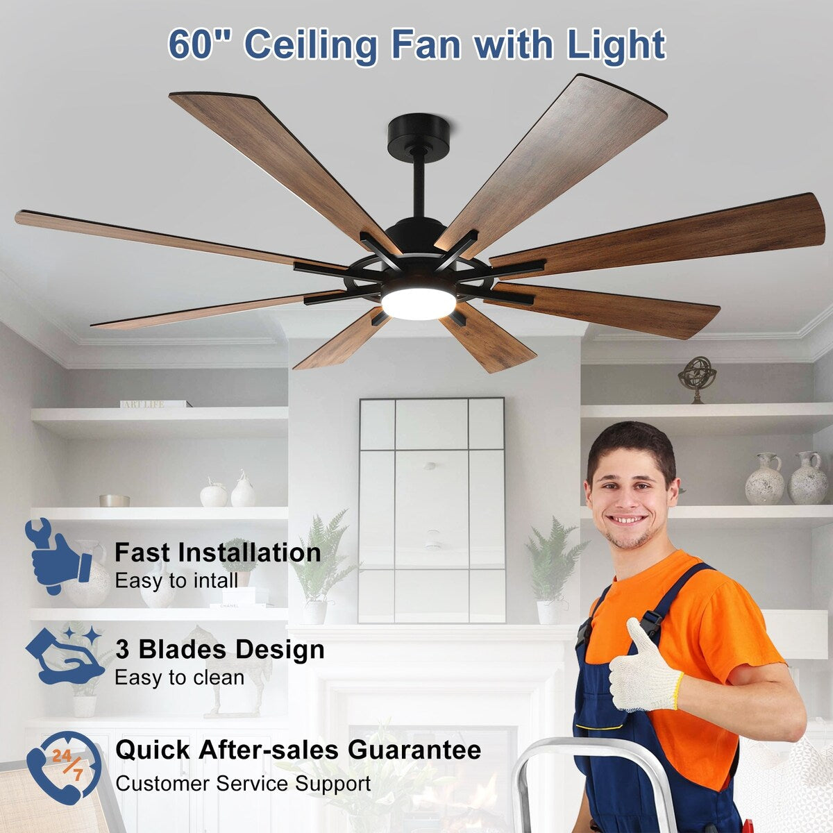 Ventilateur de plafond à télécommande avec éclairage, grandes pales en bois (8 pales)