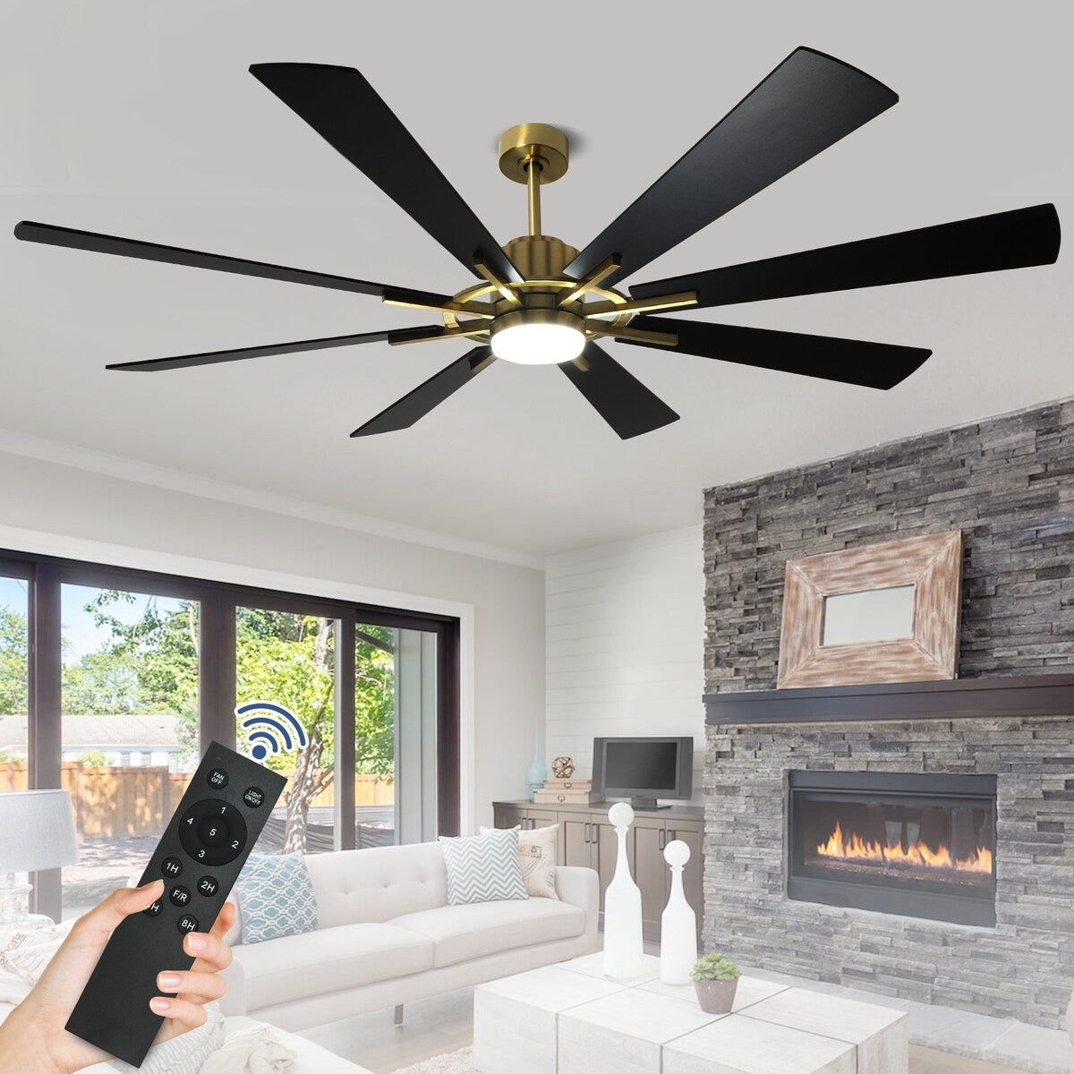 Ventilateur de plafond à télécommande avec éclairage, grandes pales en bois (8 pales)