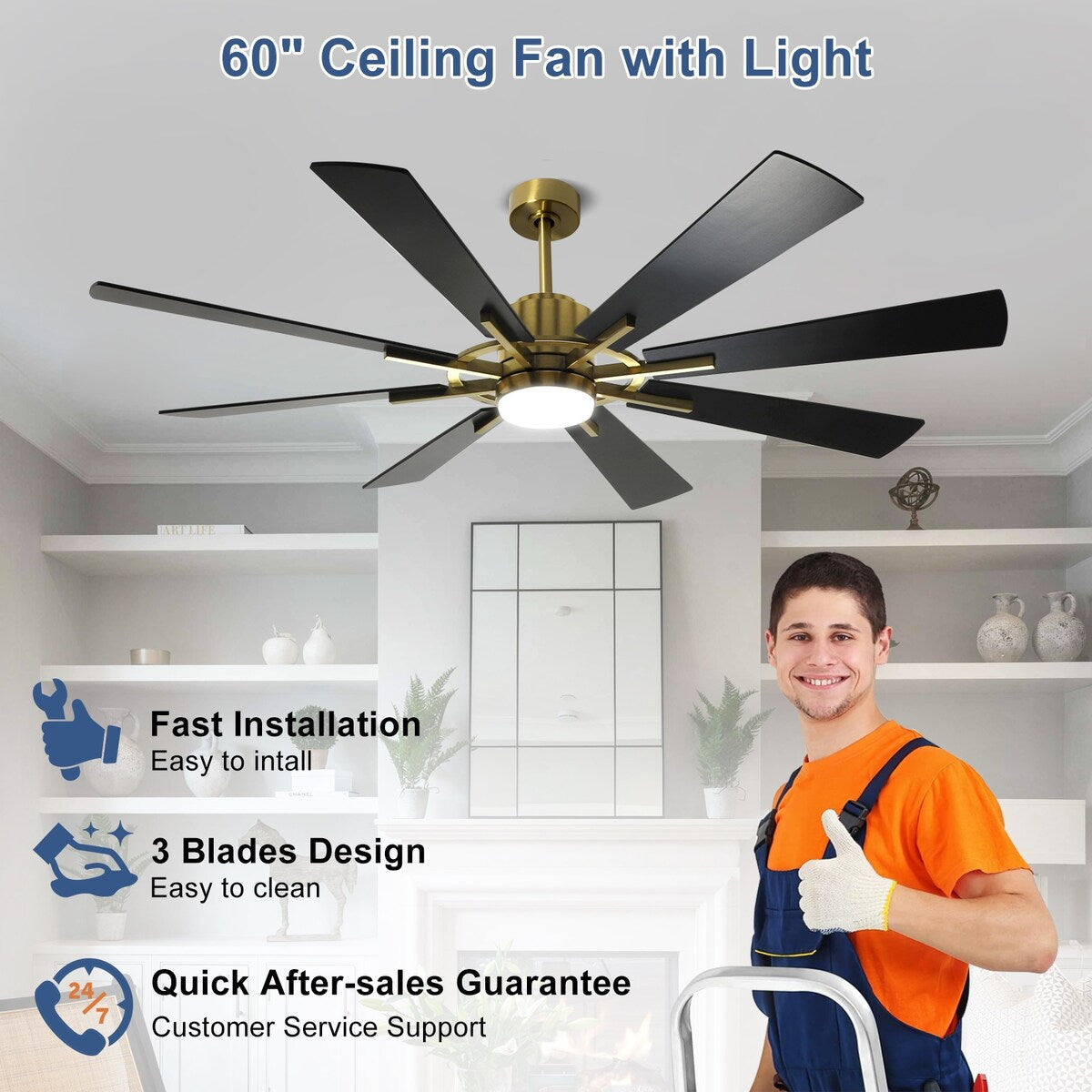 Ventilateur de plafond à télécommande avec éclairage, grandes pales en bois (8 pales)