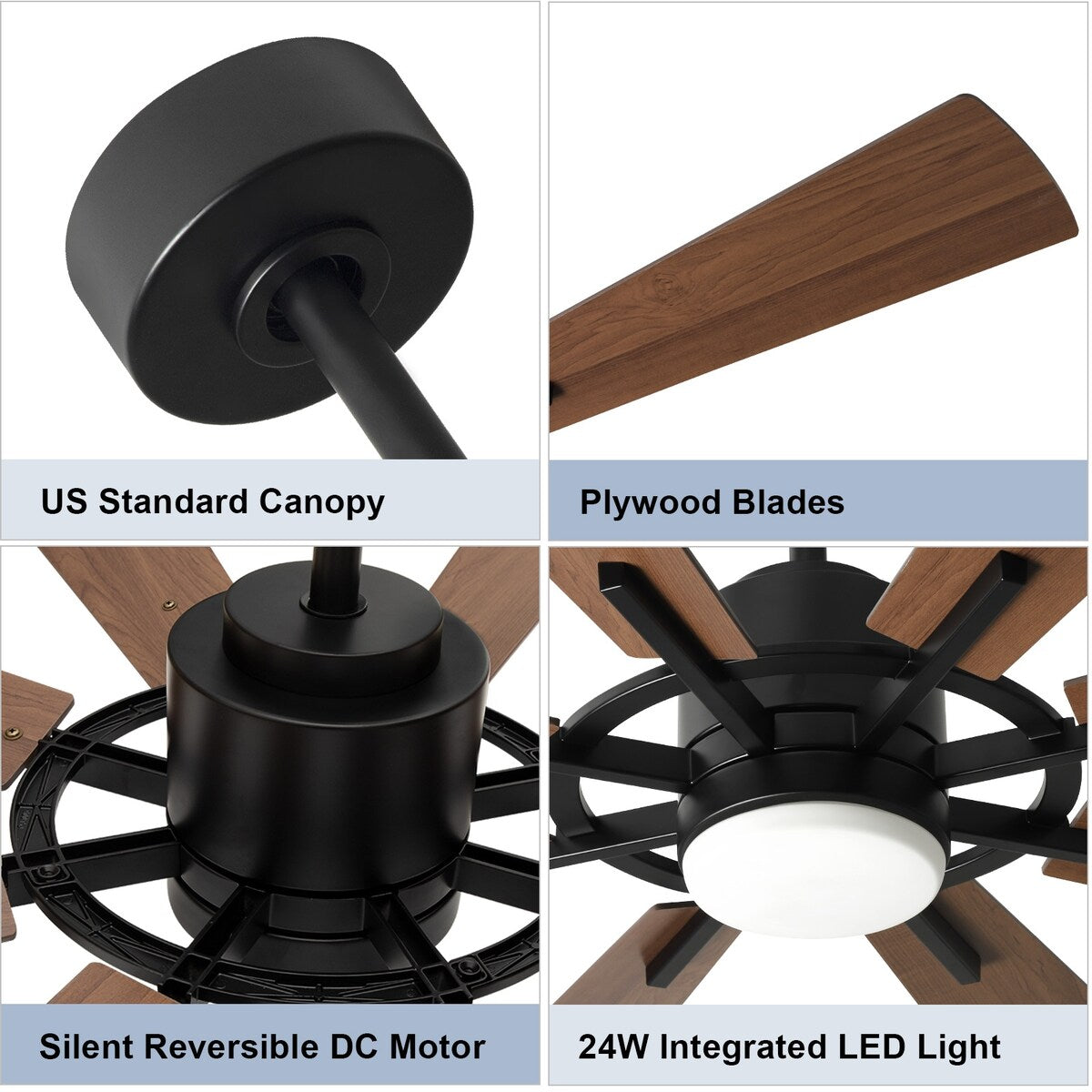 Ventilateur de plafond à télécommande avec éclairage, grandes pales en bois (8 pales)