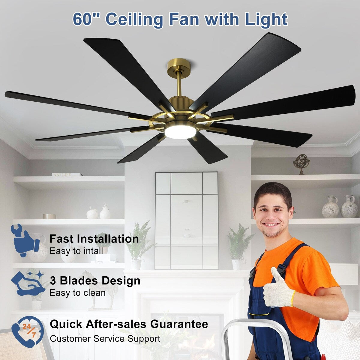 Ventilateur de plafond à télécommande avec éclairage, grandes pales en bois (8 pales)