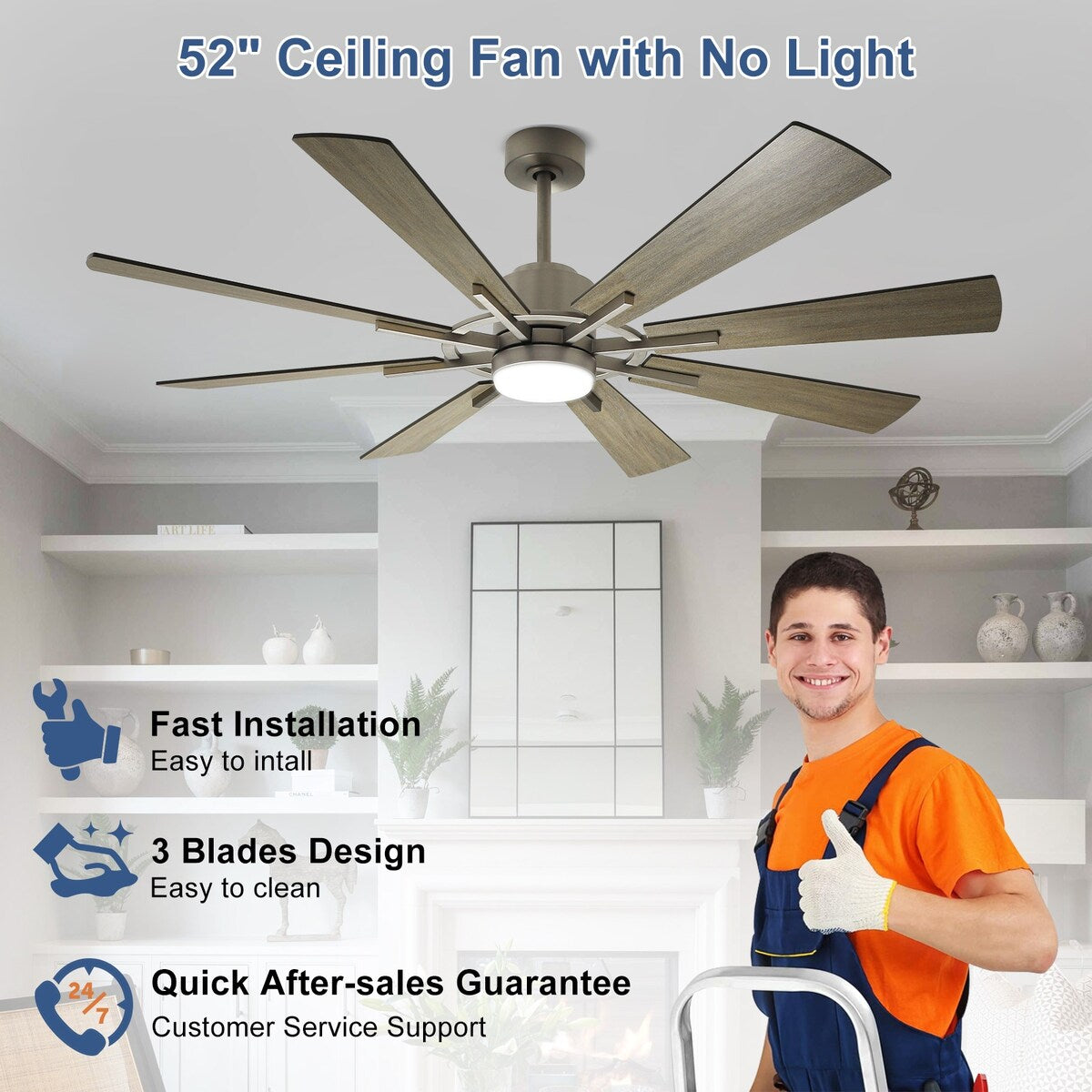 Ventilateur de plafond à télécommande avec éclairage, grandes pales en bois (8 pales)