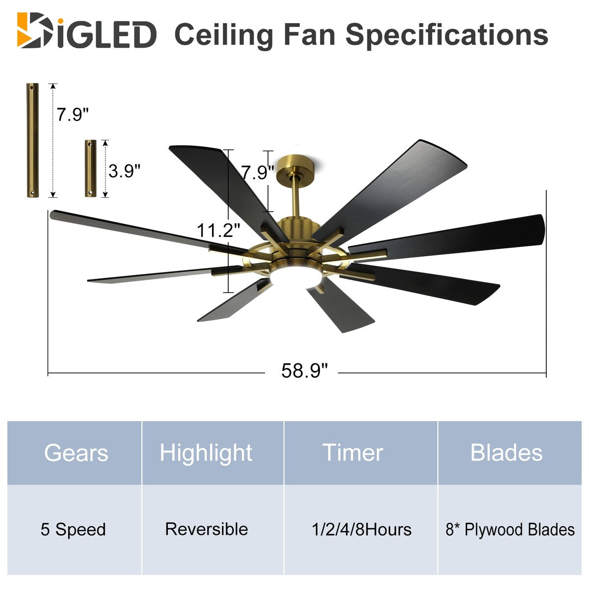 Ventilateur de plafond à télécommande avec éclairage, grandes pales en bois (8 pales)