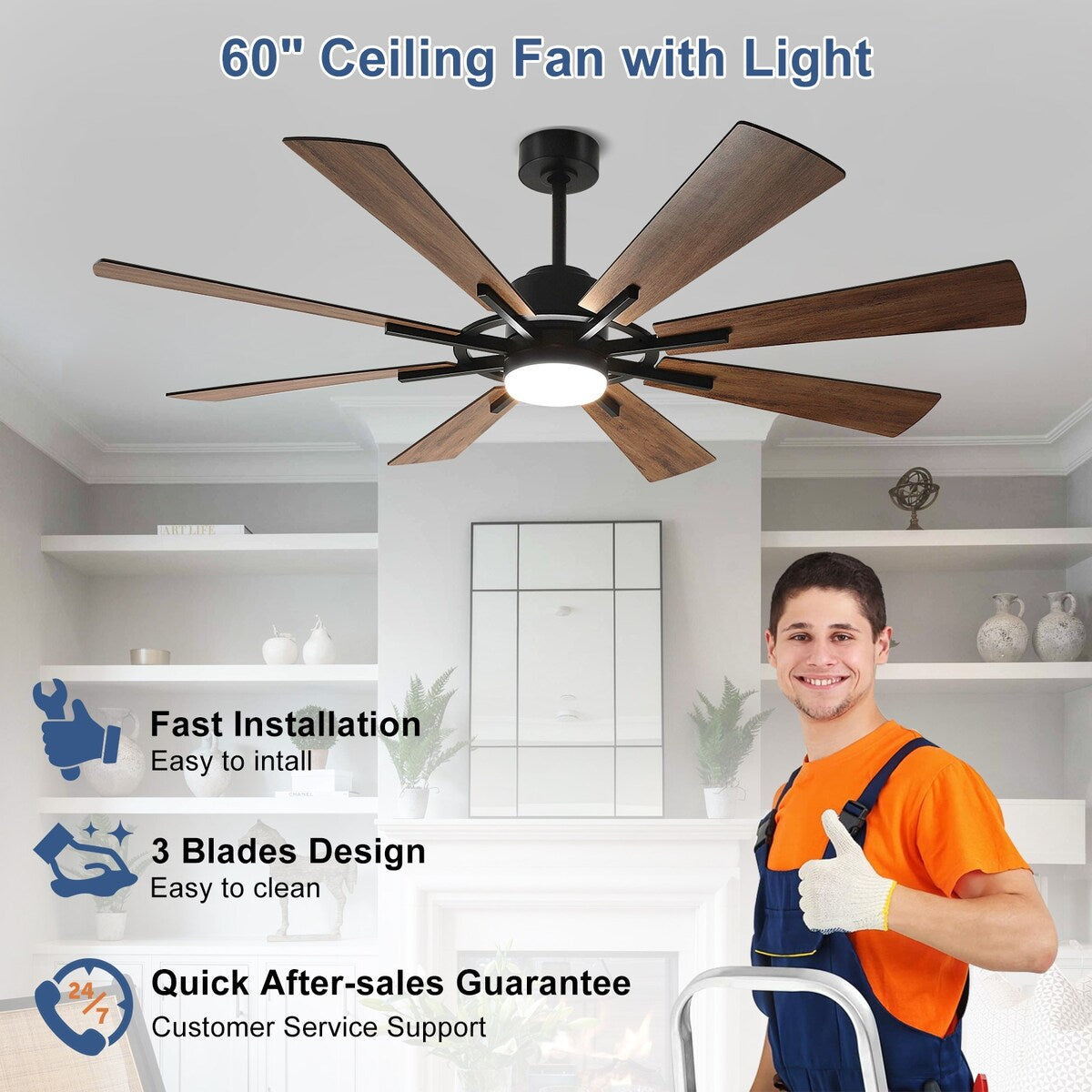 Ventilateur de plafond à télécommande avec éclairage, grandes pales en bois (8 pales)