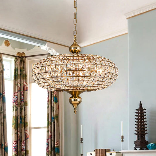 Luminaire suspendu rétro français à 4/5 lumières, globe en laiton antique et cristal, pour îlot de cuisine.