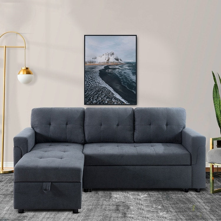 Canapé d'angle convertible et réversible avec lit escamotable, chaise longue avec rangement intégré et pieds robustes.