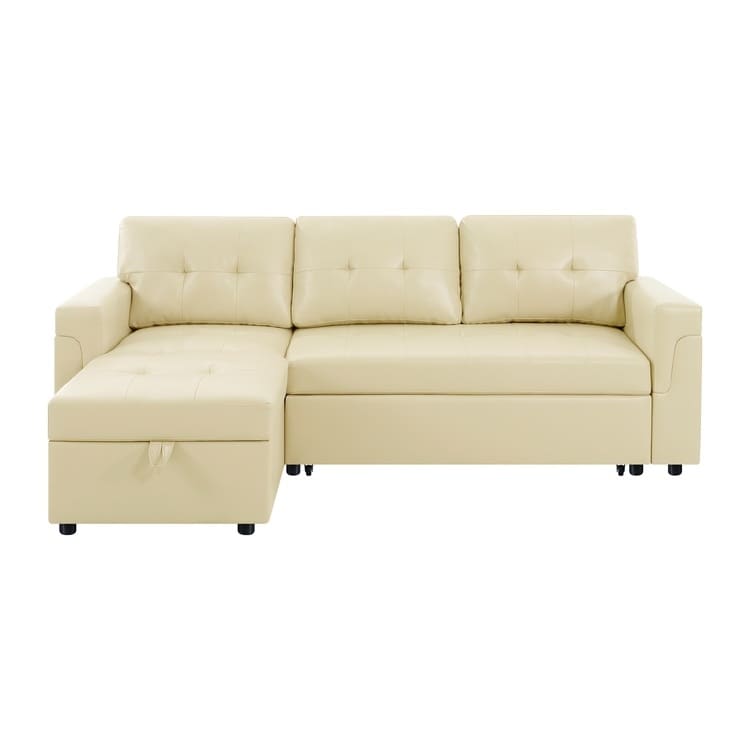 Canapé d'angle convertible et réversible avec lit escamotable, chaise longue avec rangement intégré et pieds robustes.