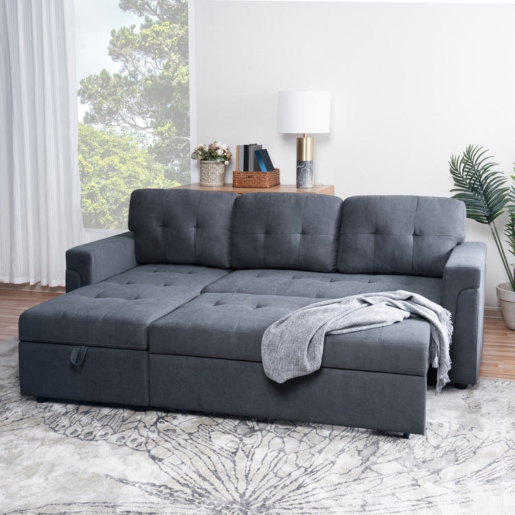 Canapé d'angle convertible et réversible avec lit escamotable, chaise longue avec rangement intégré et pieds robustes.