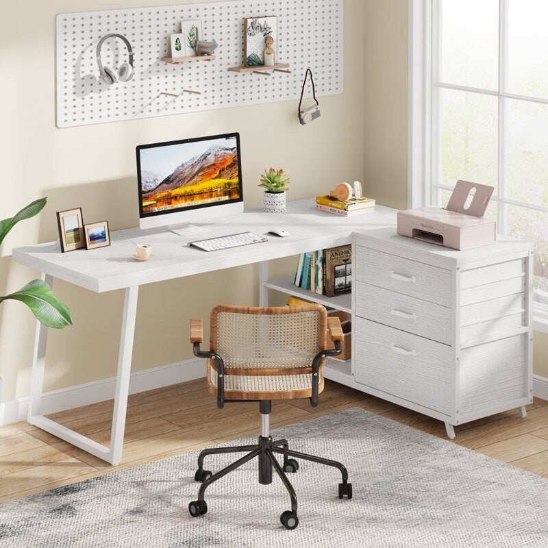 Bureau en forme de L réversible avec tiroirs à dossiers, bureau d'ordinateur d'angle