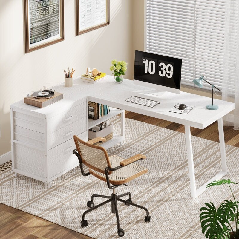 Bureau en forme de L réversible avec tiroirs à dossiers, bureau d'ordinateur d'angle